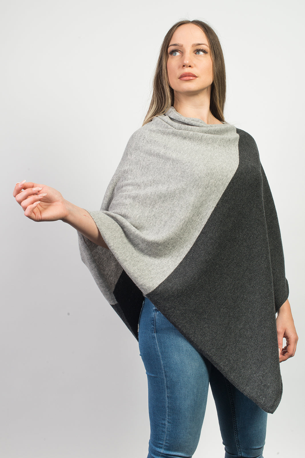 Charcoal-Gray Two-Tone 100% Cashmere Poncho, view 2