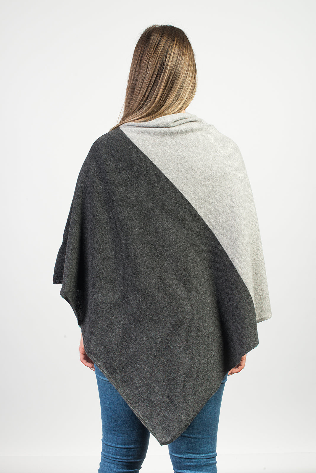 Charcoal-Gray Two-Tone 100% Cashmere Poncho, view 3