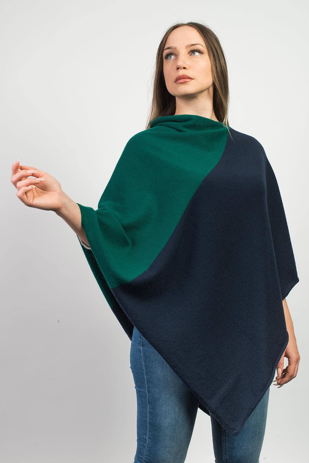 Blue-Green Two-Tone 100% Cashmere Poncho, view 2