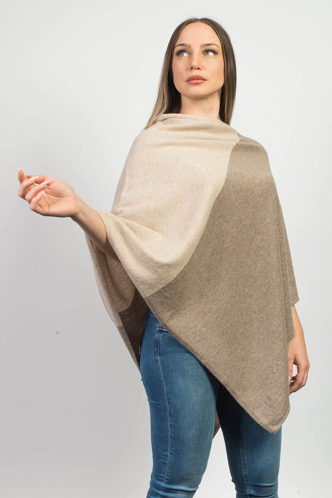 Mink-Beige Two-Tone 100% Cashmere Poncho, view 2