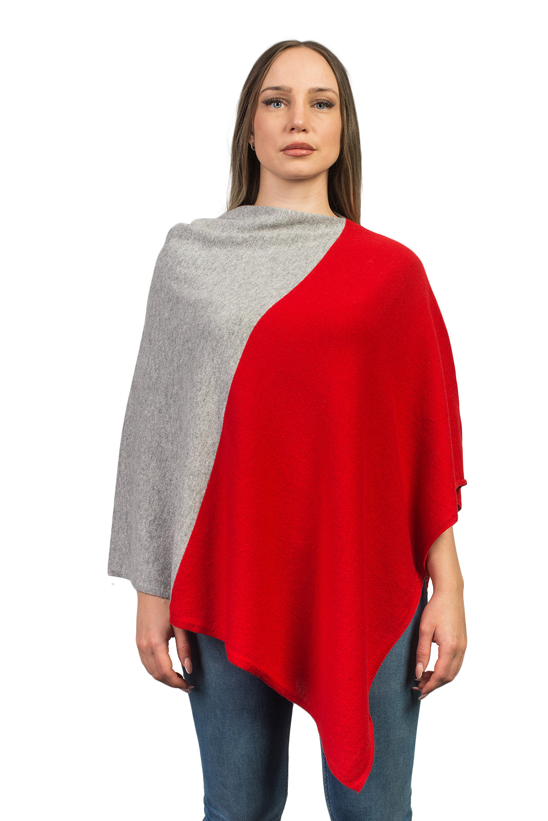Red-Gray Two-Tone 100% Cashmere Poncho
