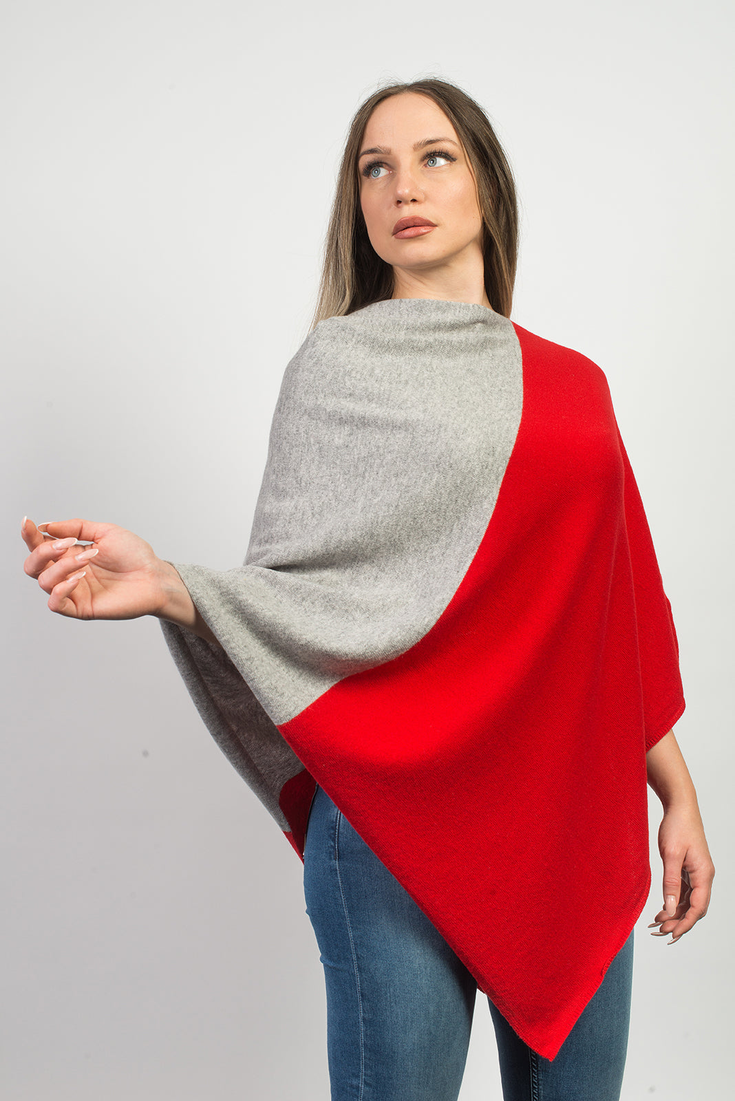Red-Gray Two-Tone 100% Cashmere Poncho, view 2