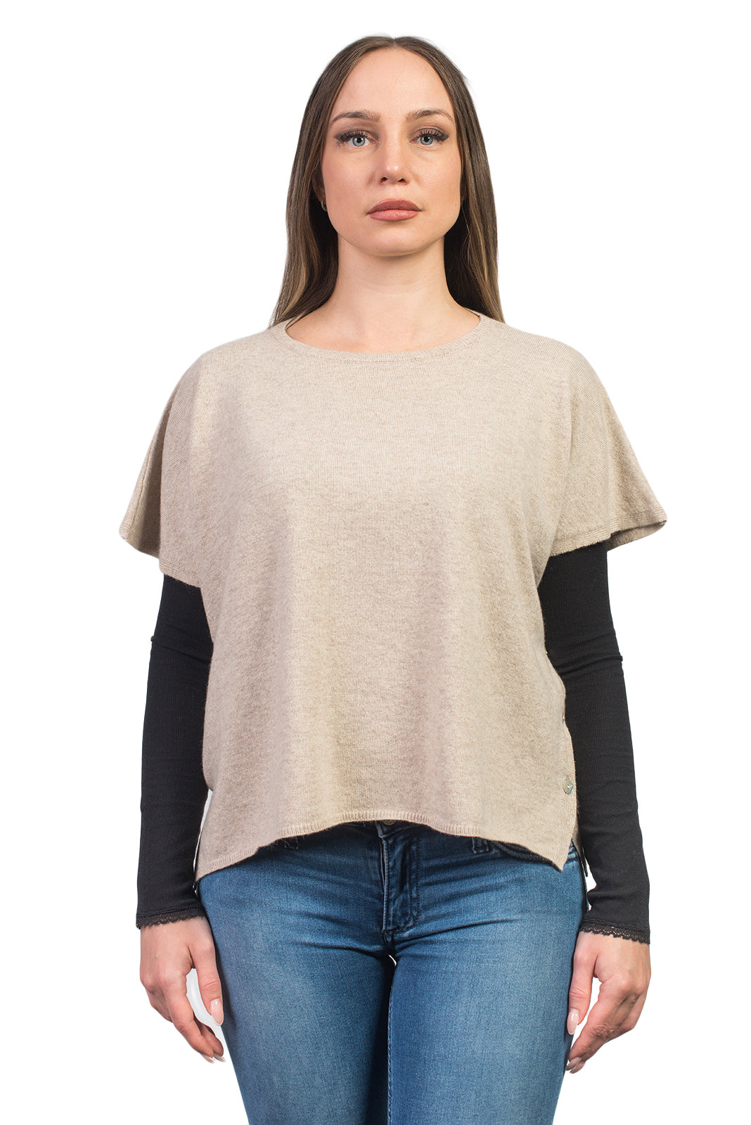 Beige Women's Buttoned Cashmere Blend Crewneck