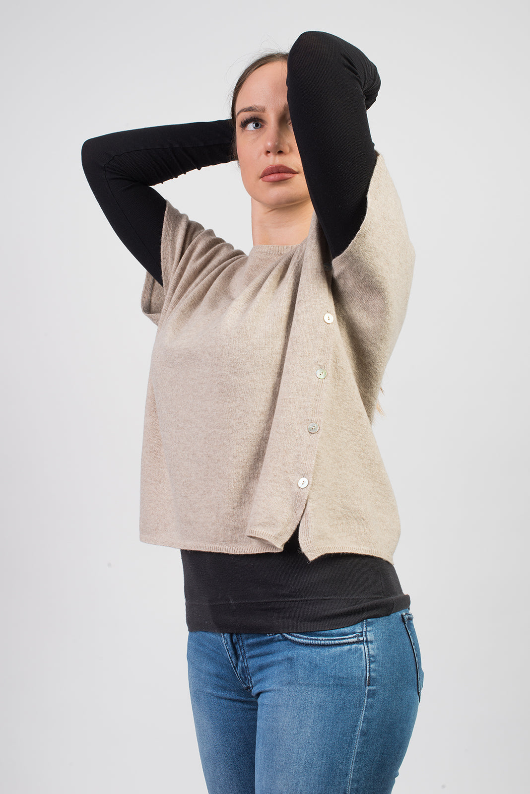 Beige Women's Buttoned Cashmere Blend Crewneck, view 2
