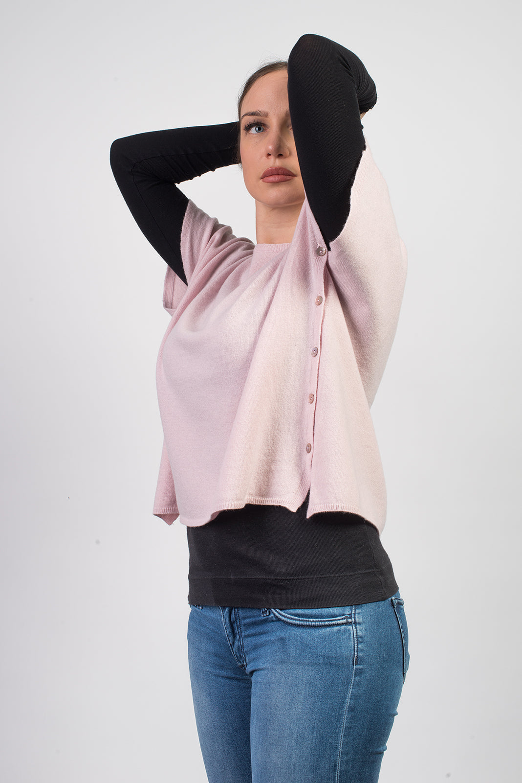 Pink Women's Buttoned Cashmere Blend Crewneck, view 2