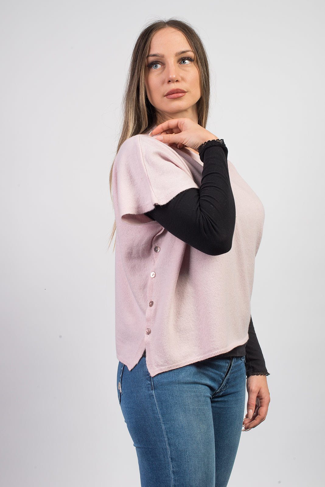 Pink Women's Buttoned Cashmere Blend Crewneck, view 4