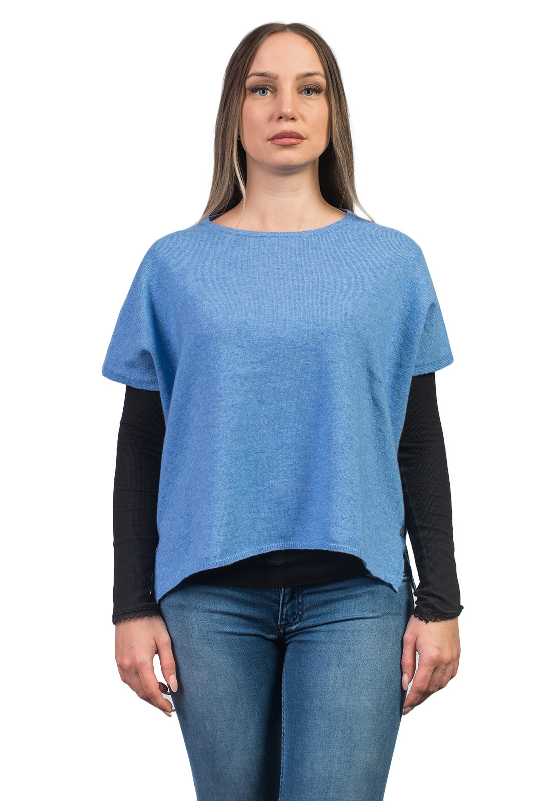 Light Blue Women's Buttoned Cashmere Blend Crewneck