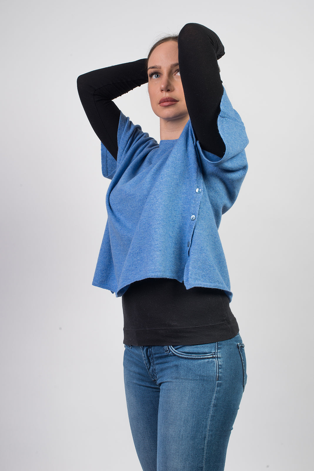 Light Blue Women's Buttoned Cashmere Blend Crewneck, view 2