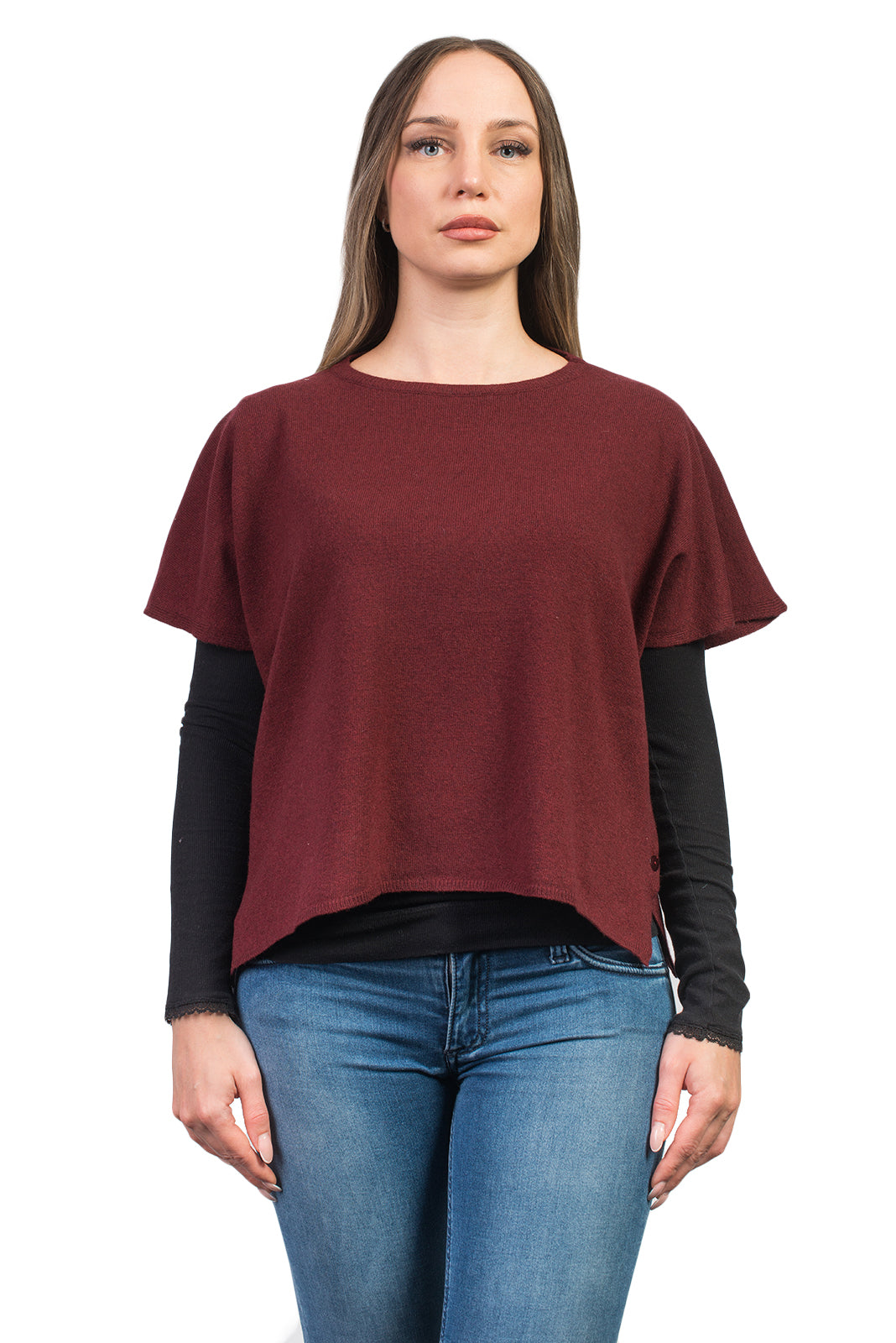 Burgundy Women's Buttoned Cashmere Blend Crewneck