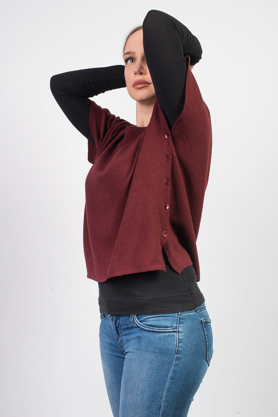 Burgundy Women's Buttoned Cashmere Blend Crewneck, view 2