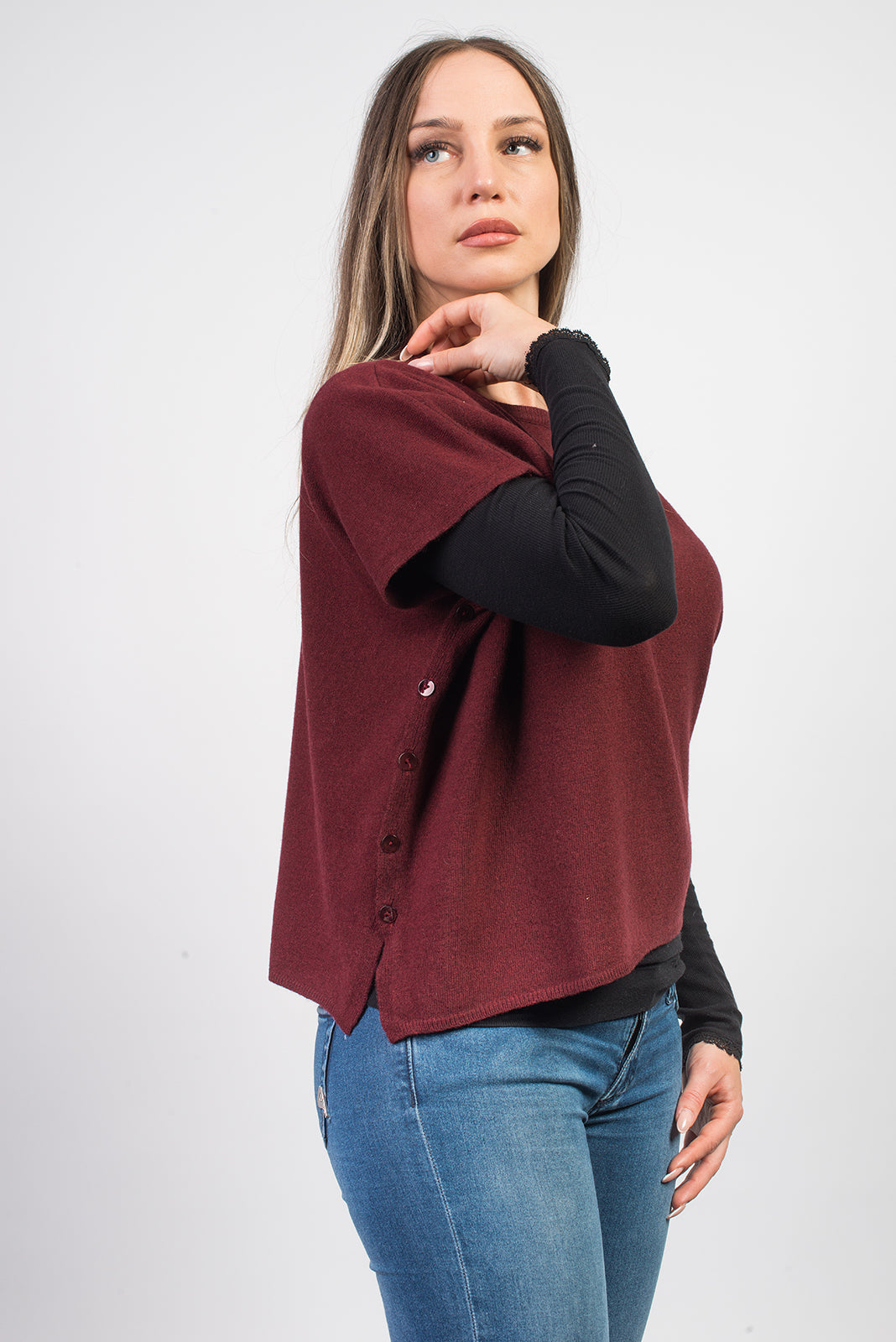 Burgundy Women's Buttoned Cashmere Blend Crewneck, view 4