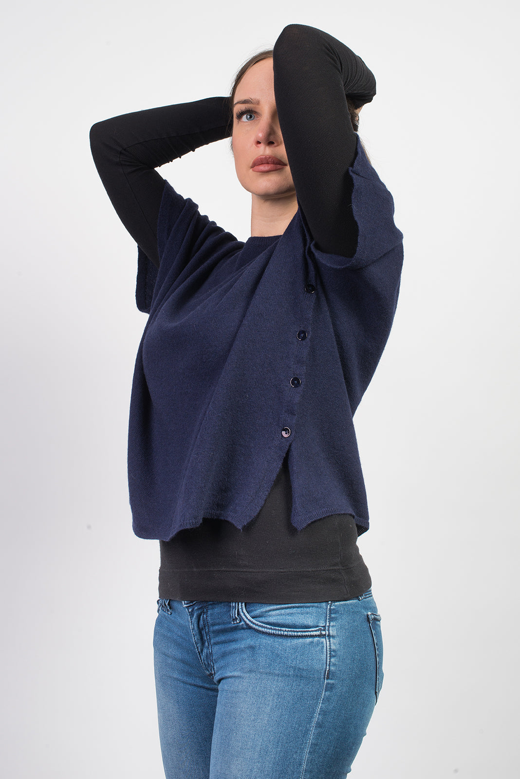 Blue Women's Buttoned Cashmere Blend Crewneck, view 2