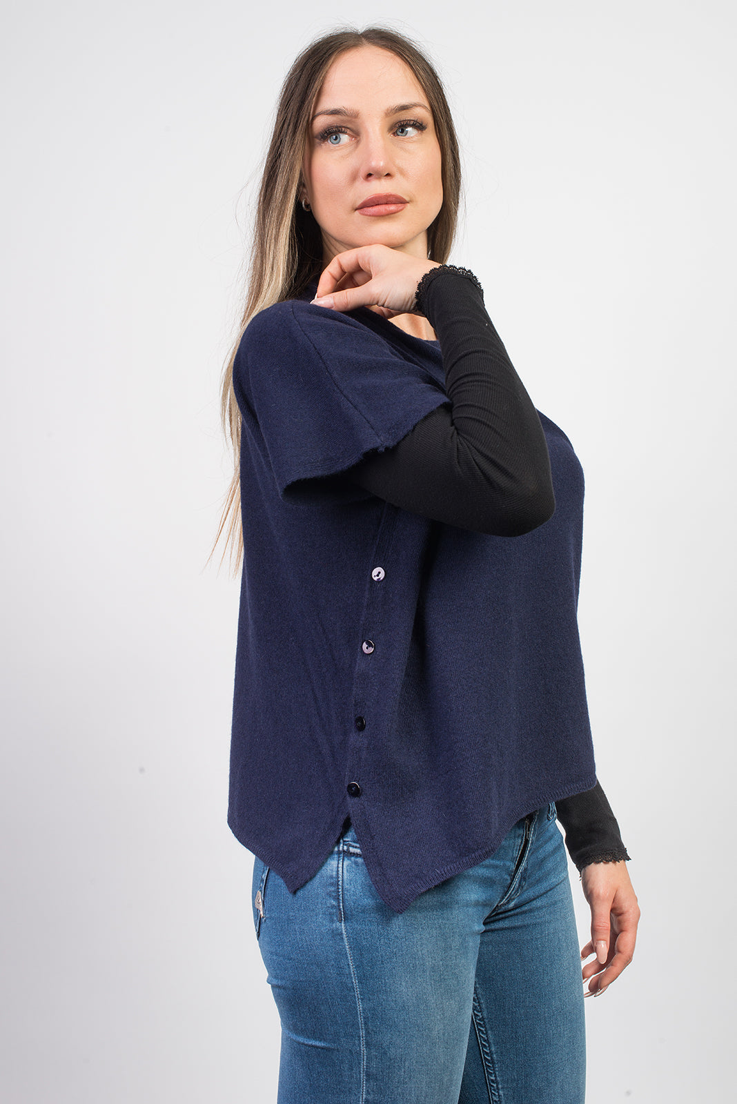 Blue Women's Buttoned Cashmere Blend Crewneck, view 4