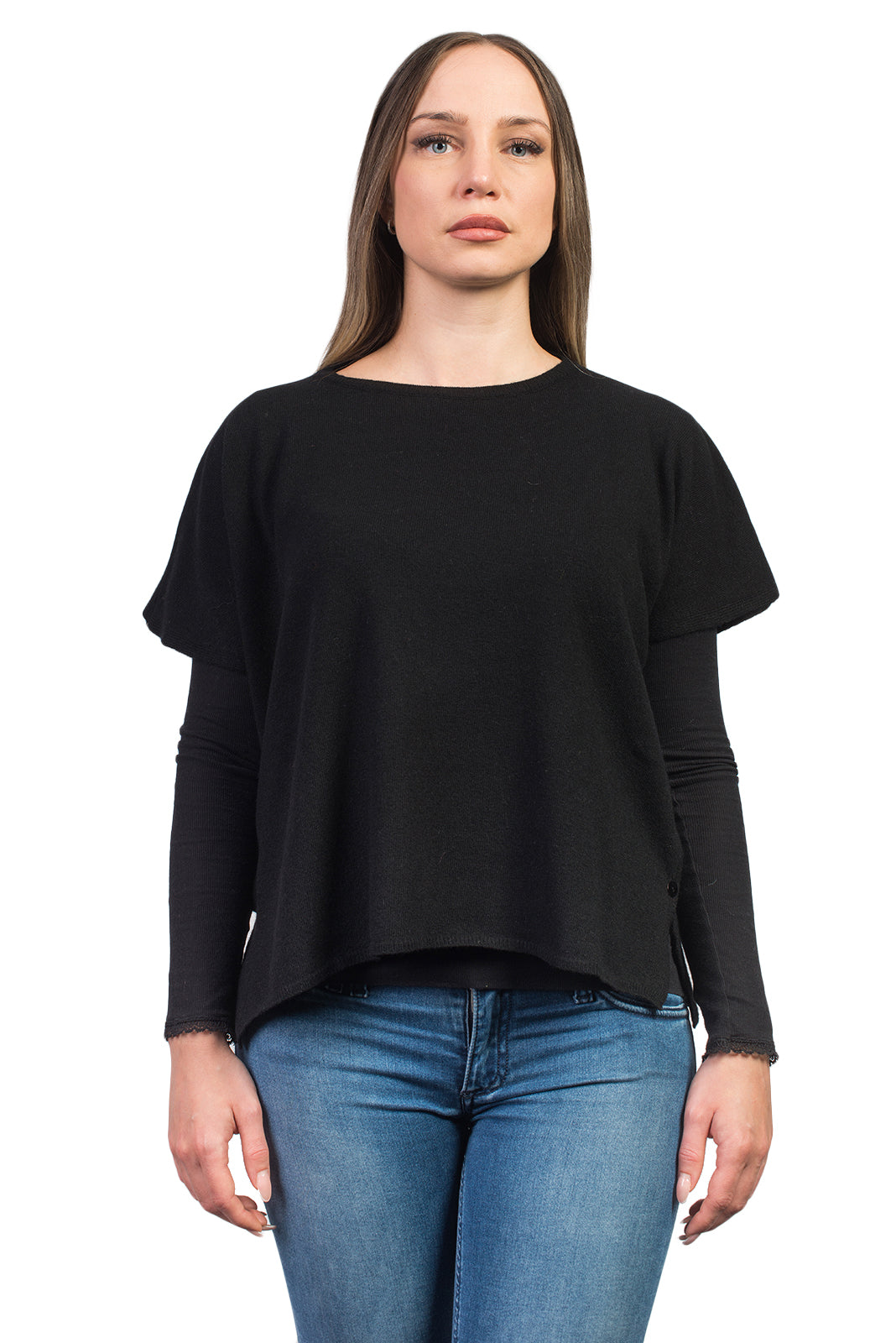 Black Women's Buttoned Cashmere Blend Crewneck