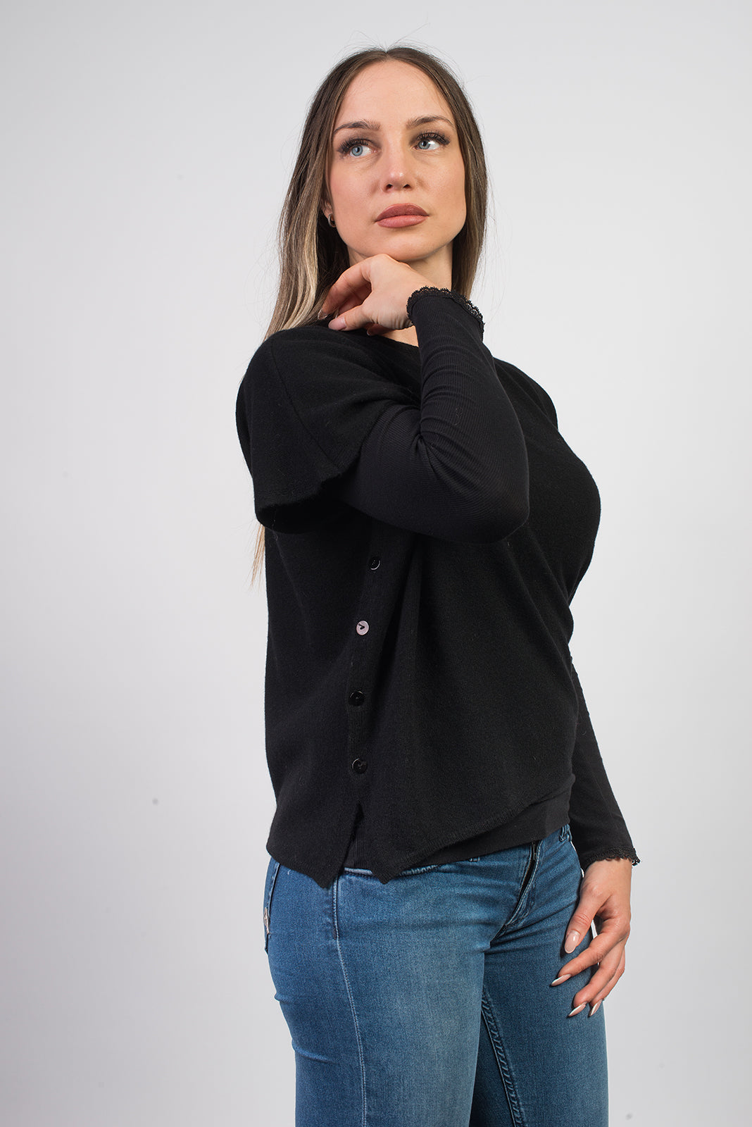 Black Women's Buttoned Cashmere Blend Crewneck, view 4
