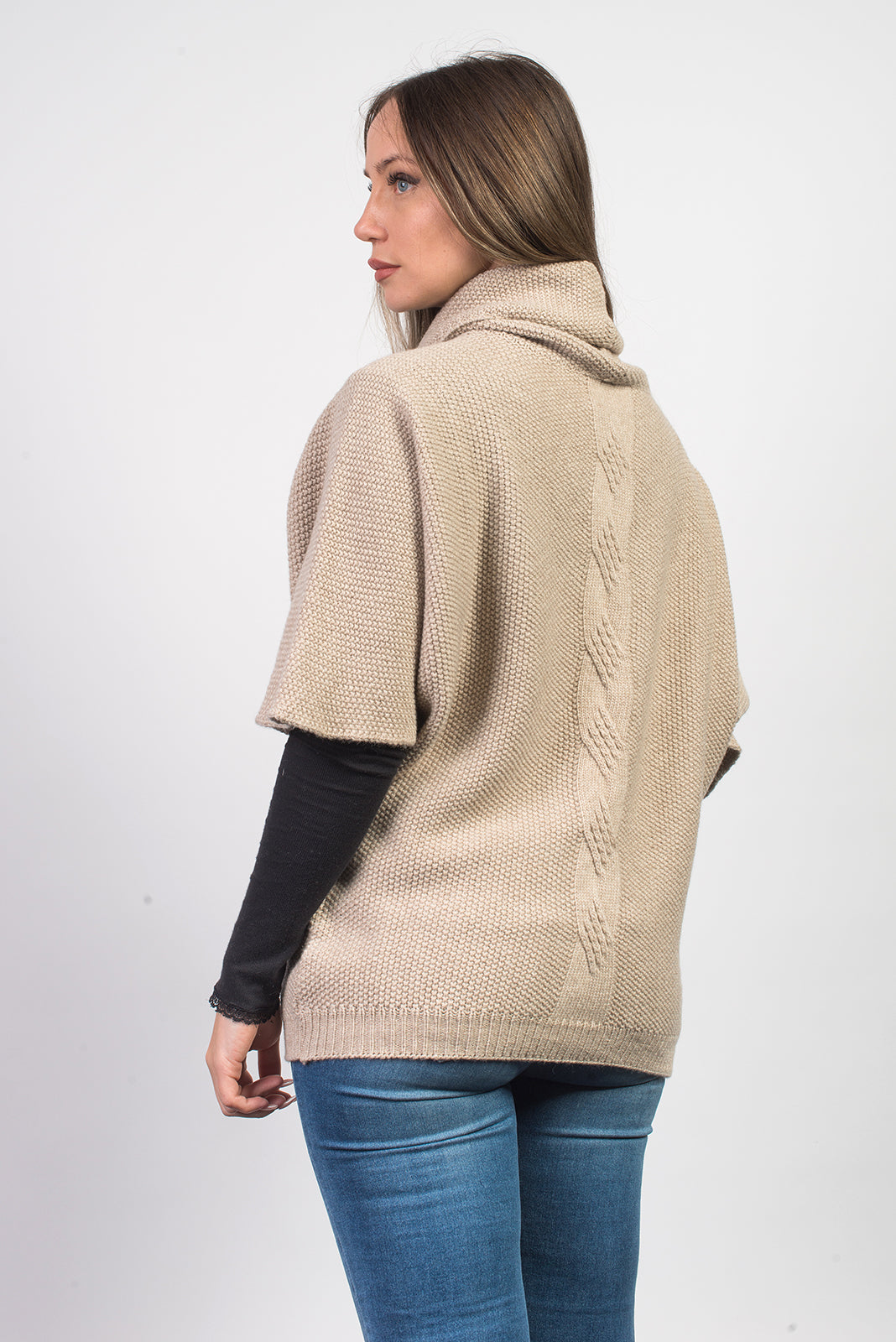 Beige Women's Cable-Knit Cashmere Blend Sweater, view 2