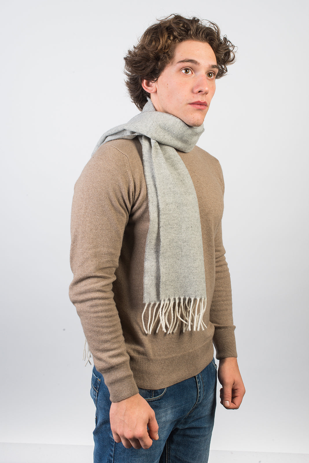 Light Gray Herringbone Wool and Cashmere Scarf, view 2