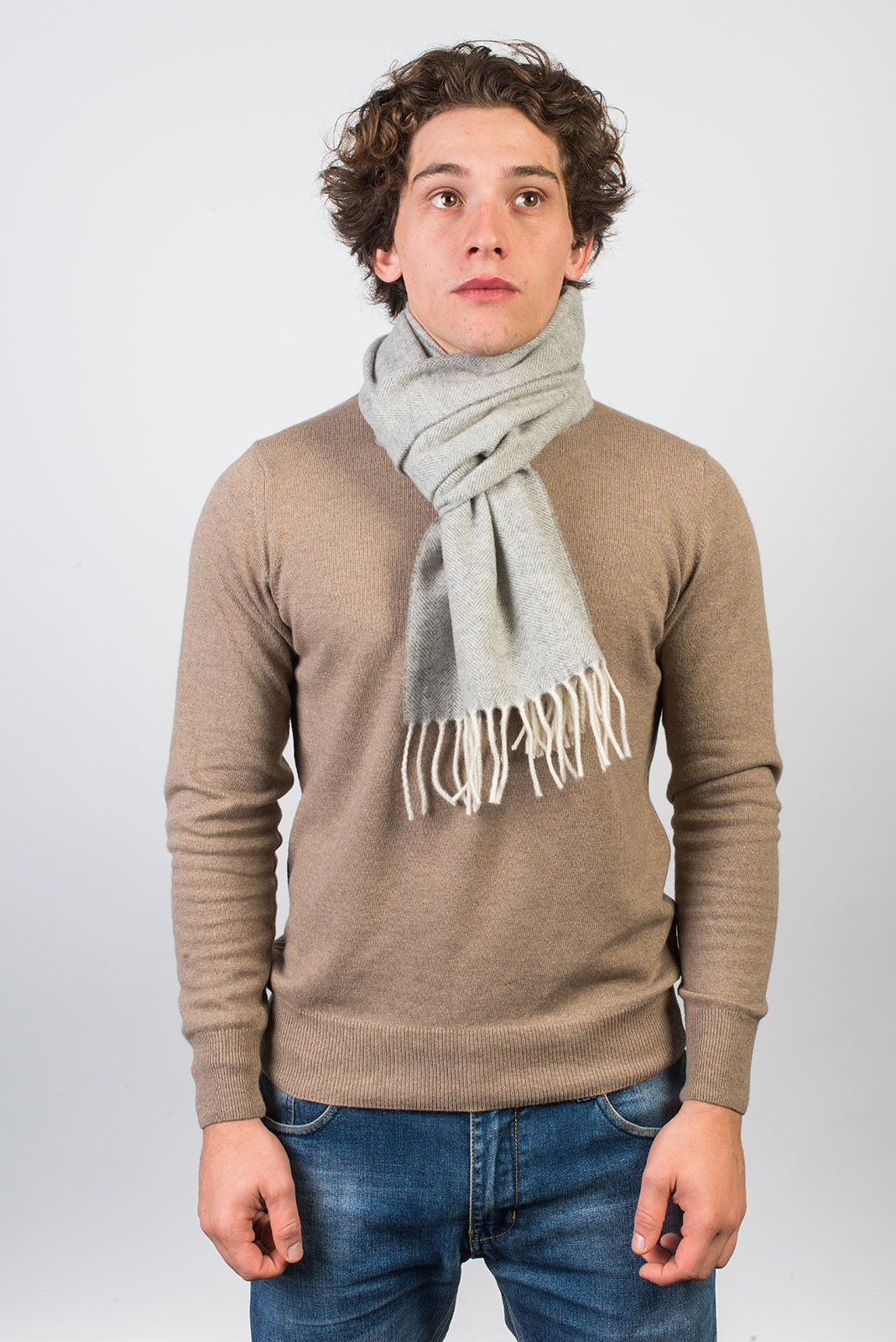 Light Gray Herringbone Wool and Cashmere Scarf, view 3
