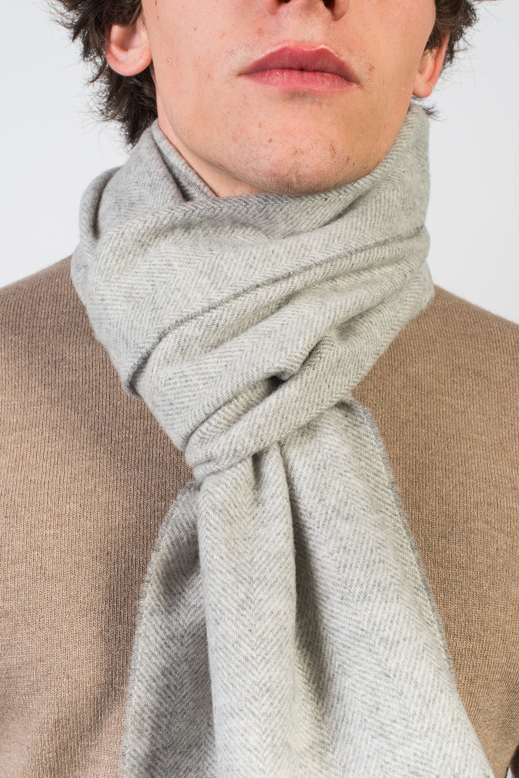 Light Gray Herringbone Wool and Cashmere Scarf, view 4