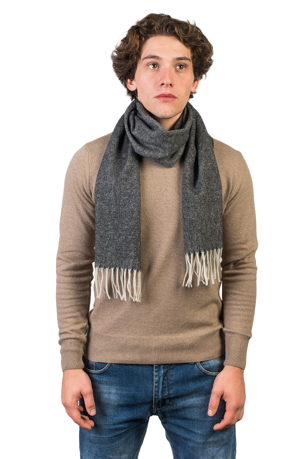 Black Herringbone Wool and Cashmere Scarf