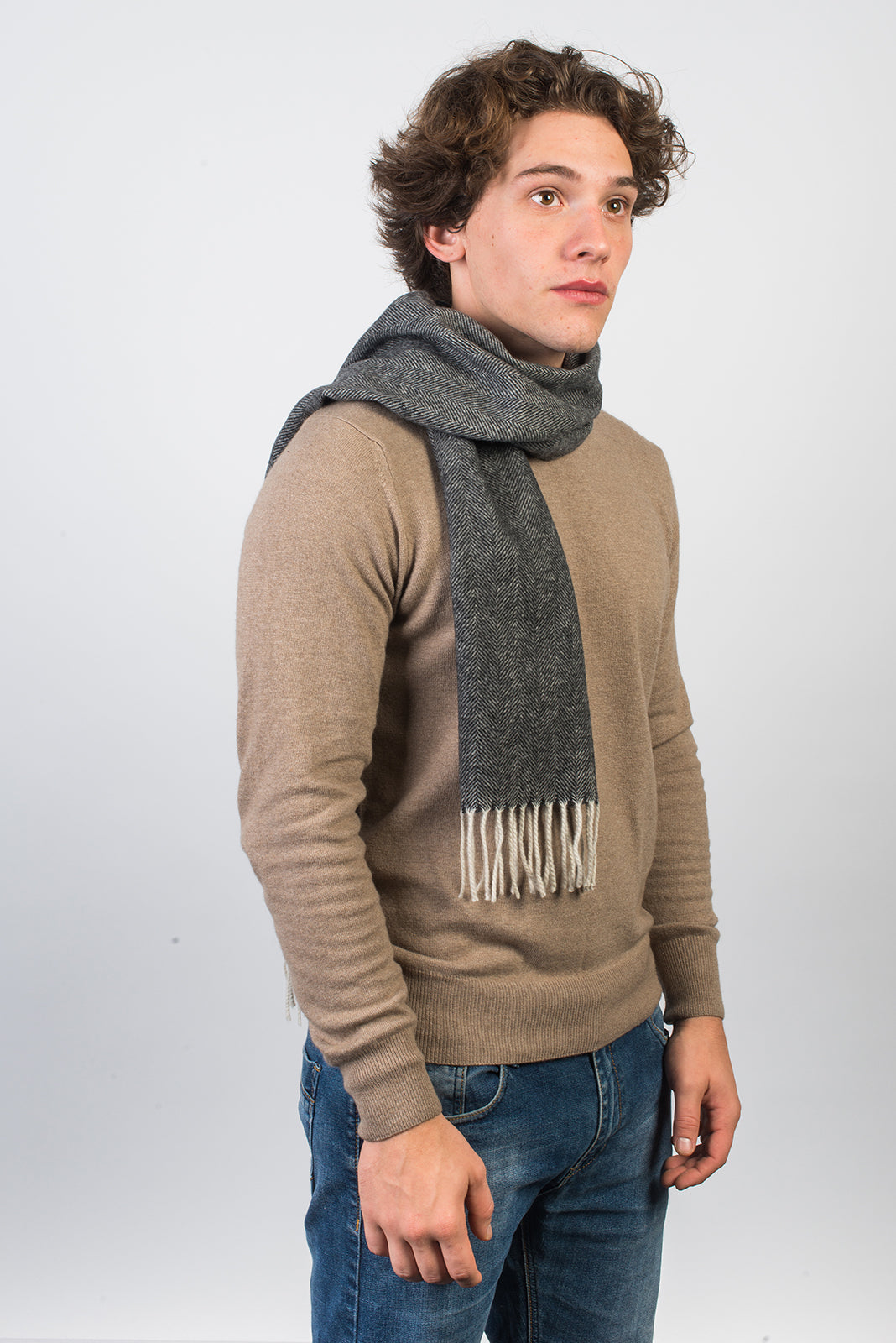 Black Herringbone Wool and Cashmere Scarf, view 2