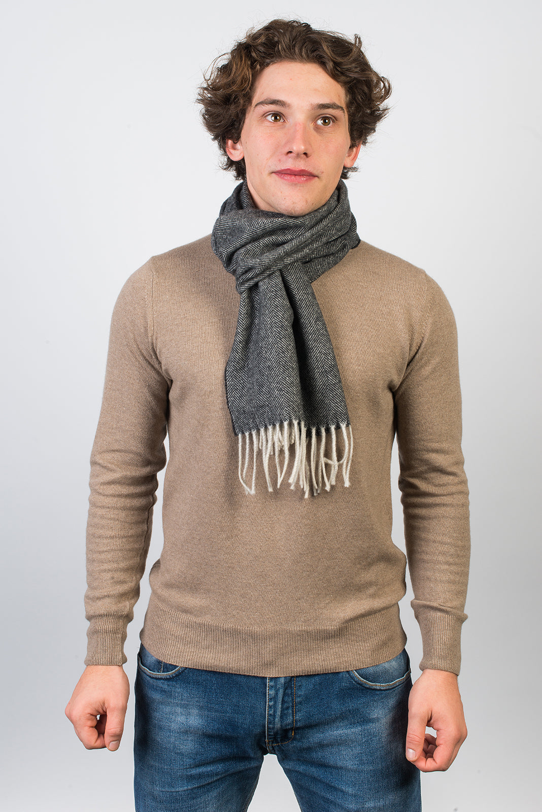 Black Herringbone Wool and Cashmere Scarf, view 3