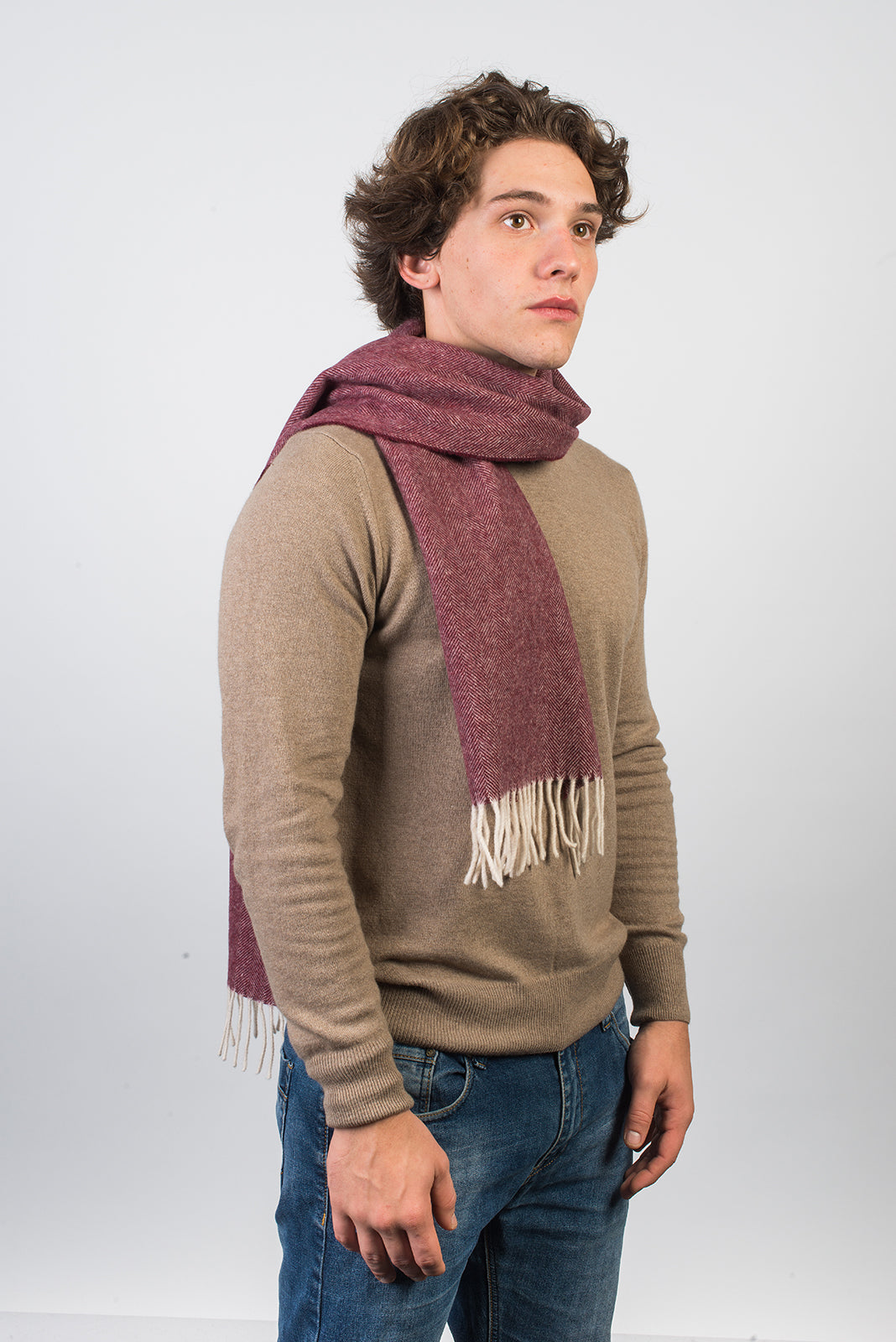 Burgundy Herringbone Wool and Cashmere Scarf, view 2