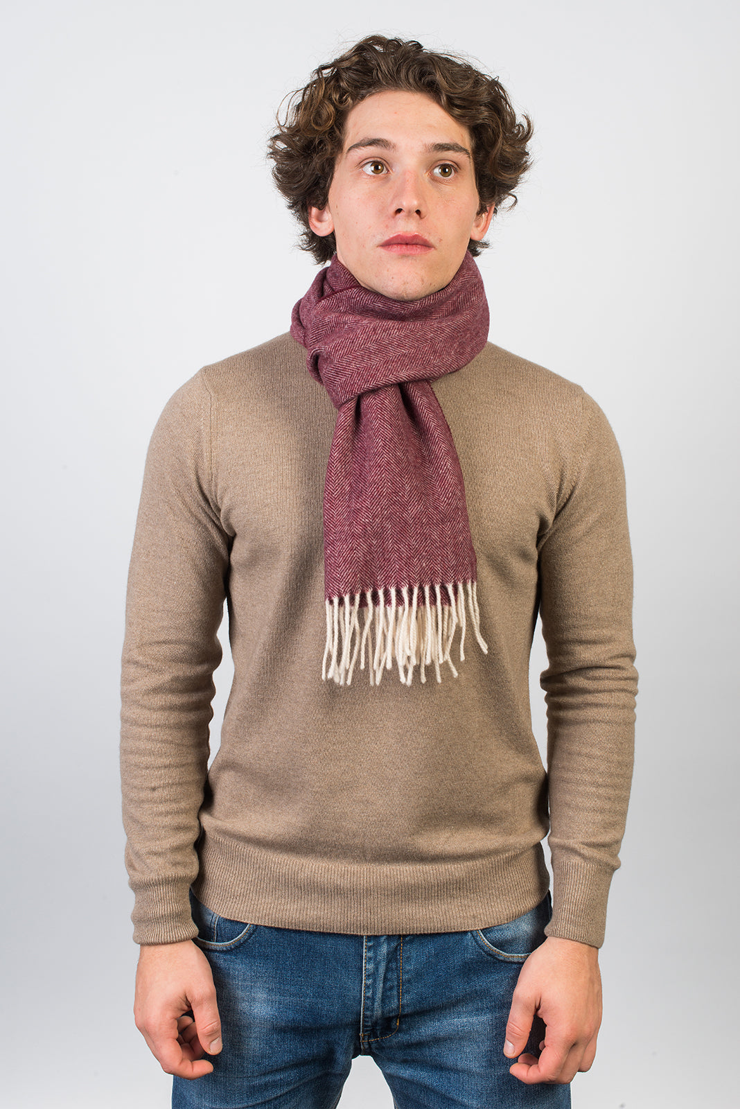 Burgundy Herringbone Wool and Cashmere Scarf, view 3