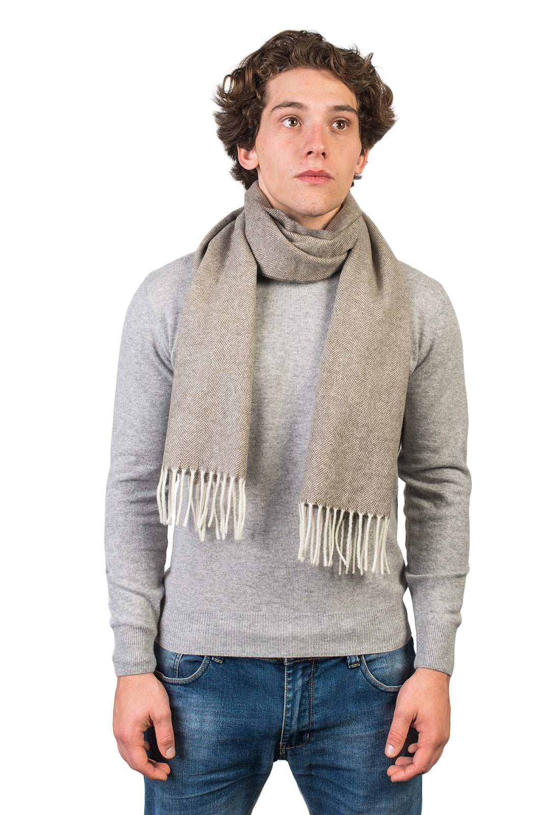 Taupe Herringbone Wool and Cashmere Scarf