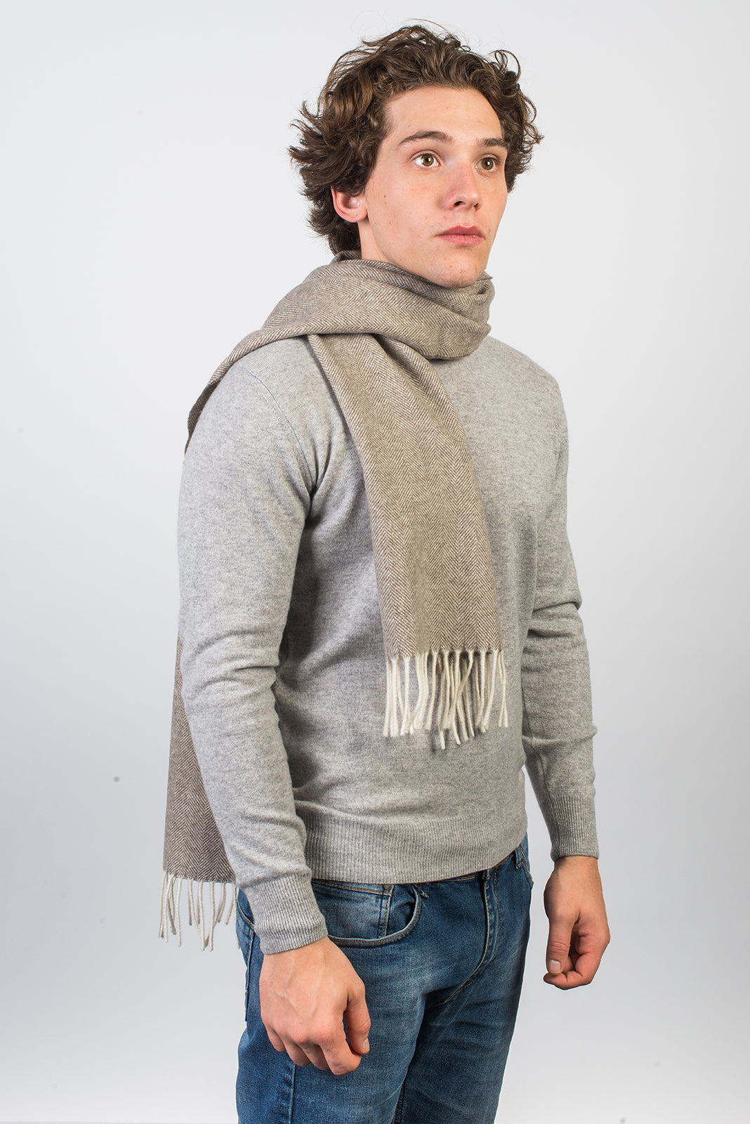 Taupe Herringbone Wool and Cashmere Scarf, view 2