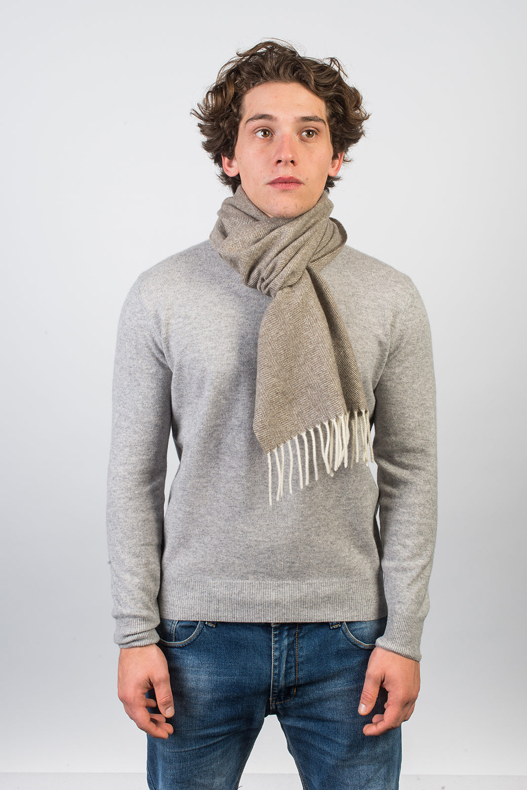 Taupe Herringbone Wool and Cashmere Scarf, view 3