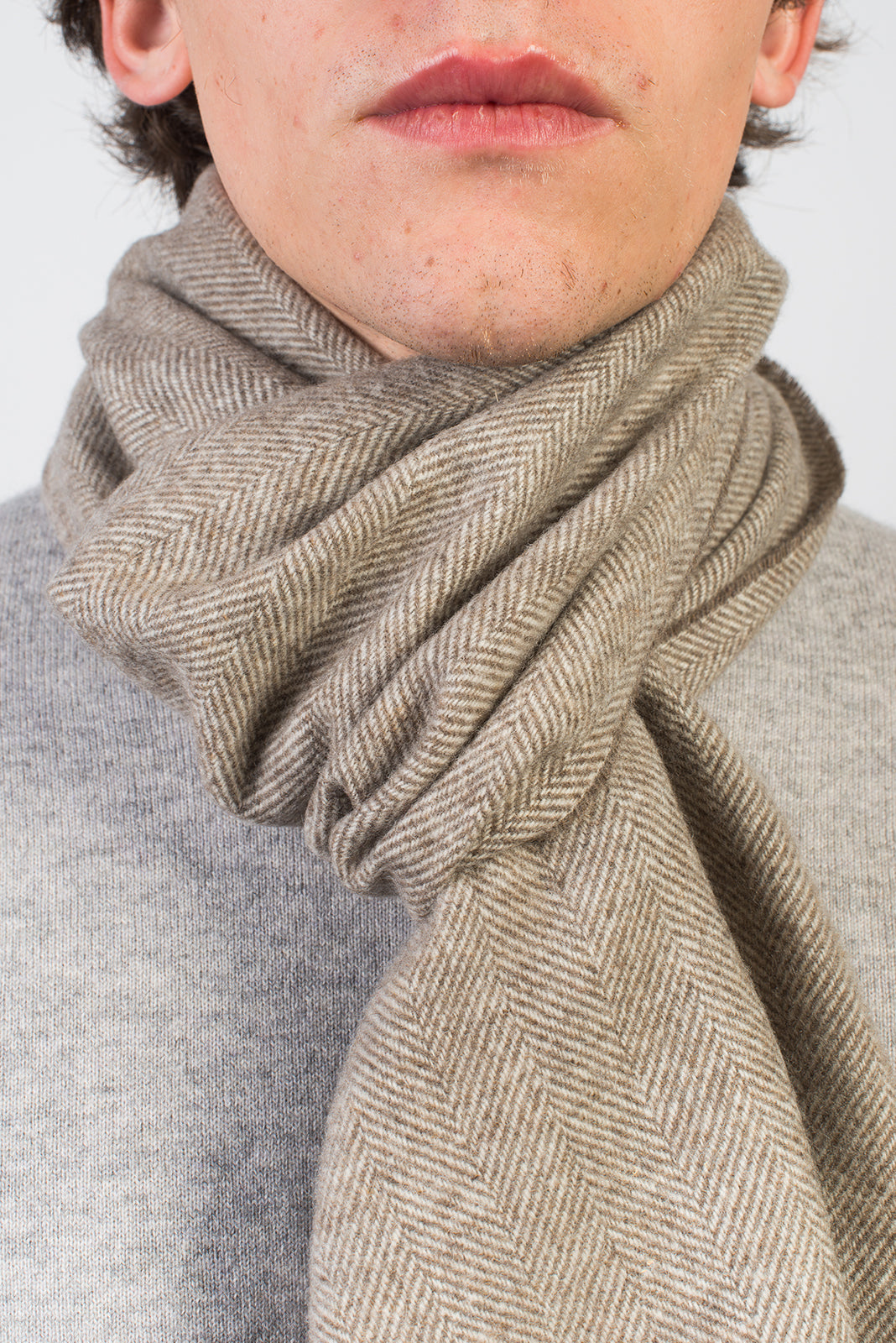Taupe Herringbone Wool and Cashmere Scarf, view 4