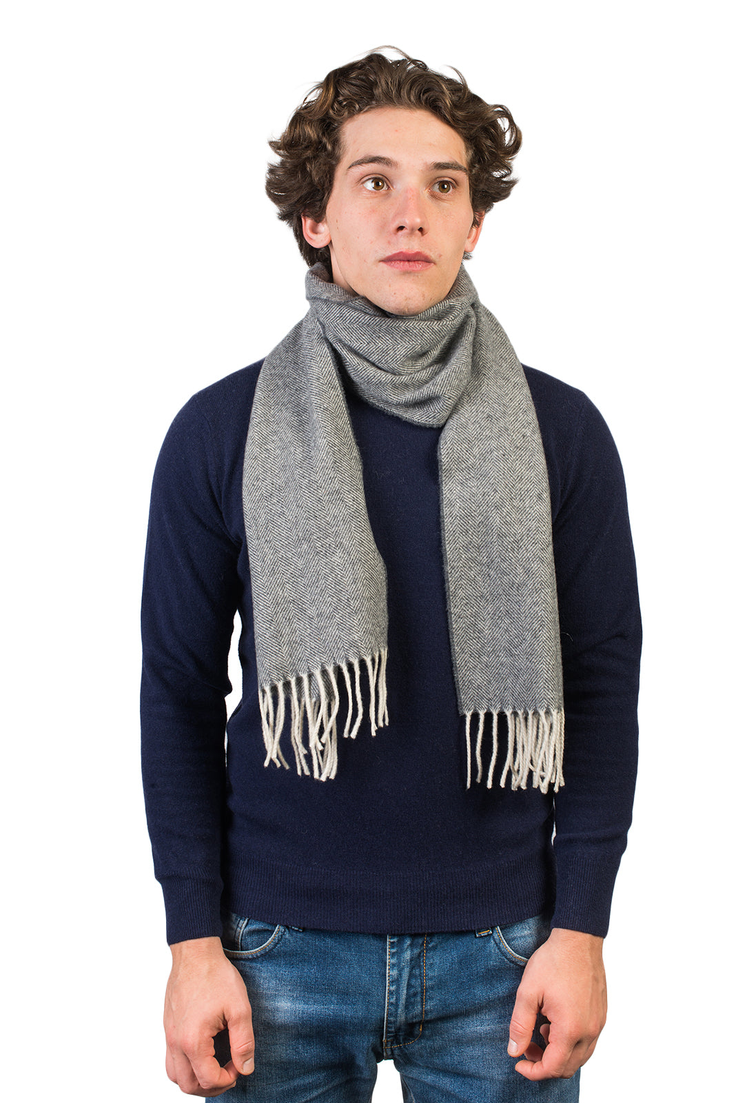 Dark Gray Herringbone Wool and Cashmere Scarf