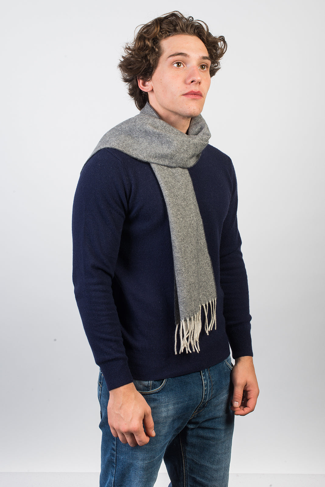 Dark Gray Herringbone Wool and Cashmere Scarf, view 2