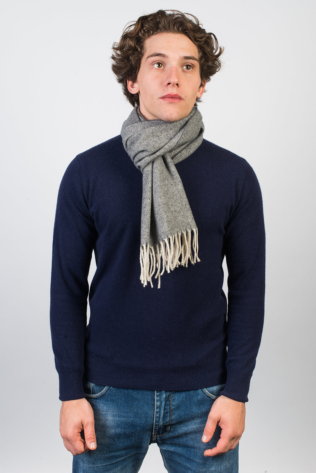 Dark Gray Herringbone Wool and Cashmere Scarf, view 3
