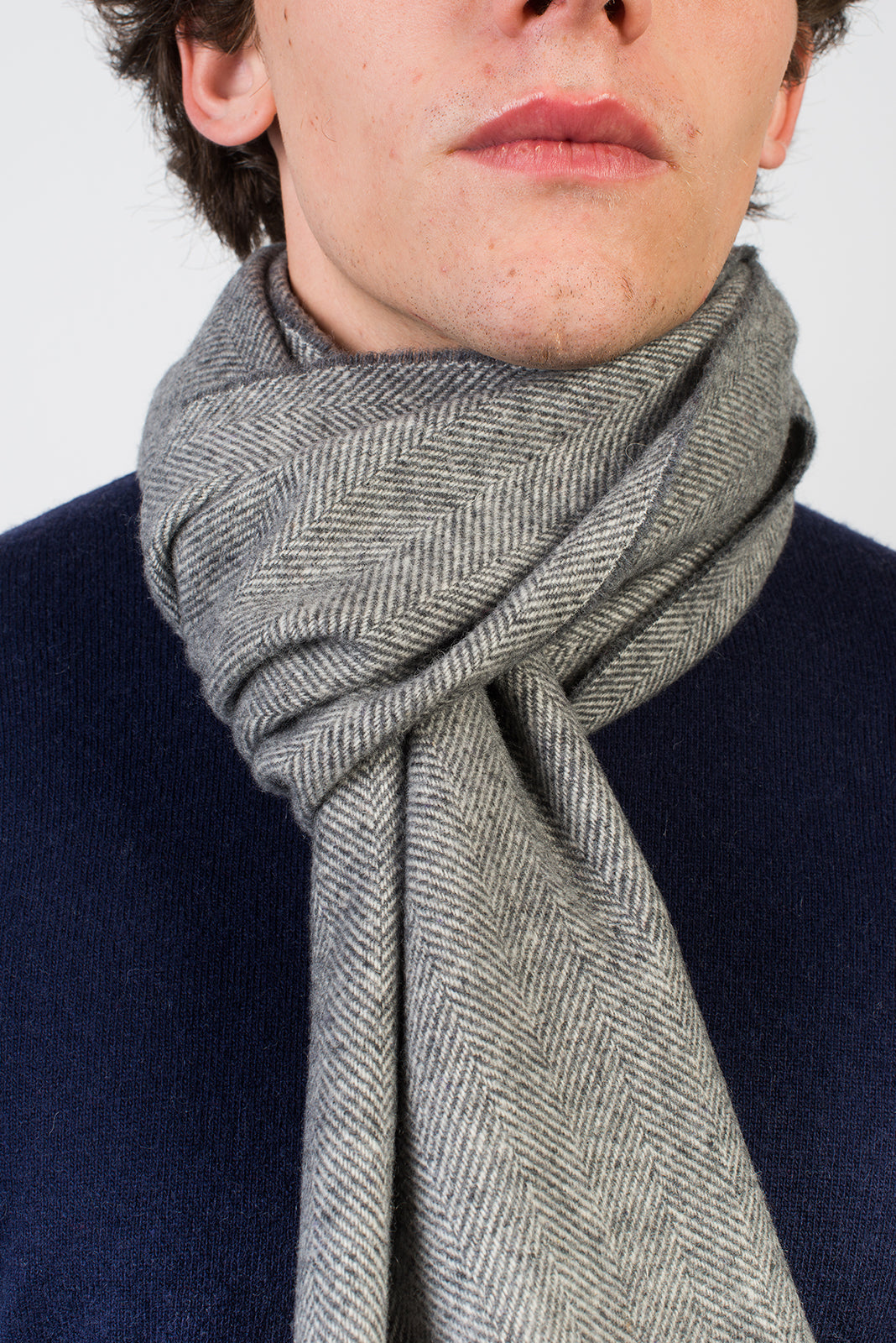 Dark Gray Herringbone Wool and Cashmere Scarf, view 4