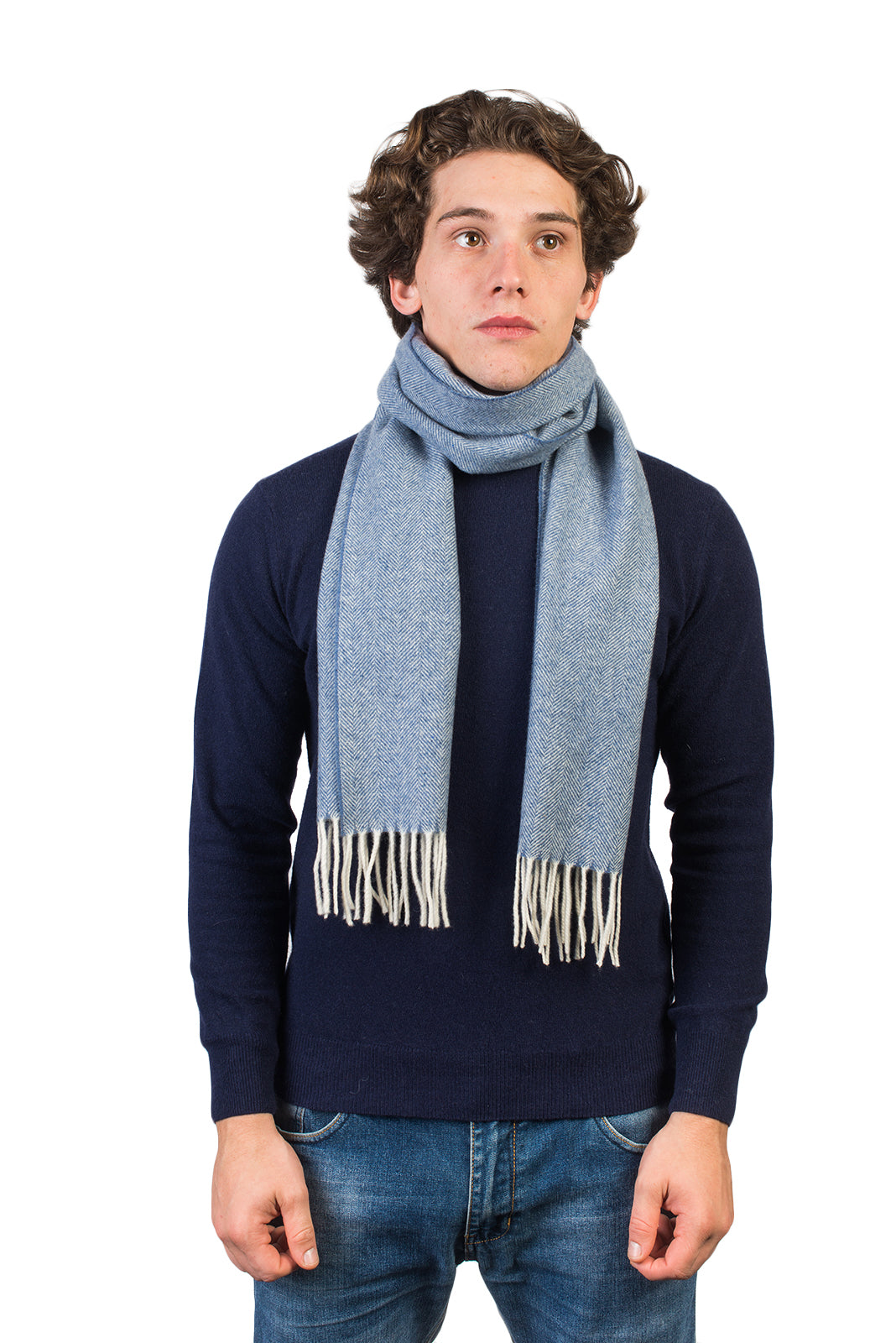 Sky Herringbone Wool and Cashmere Scarf