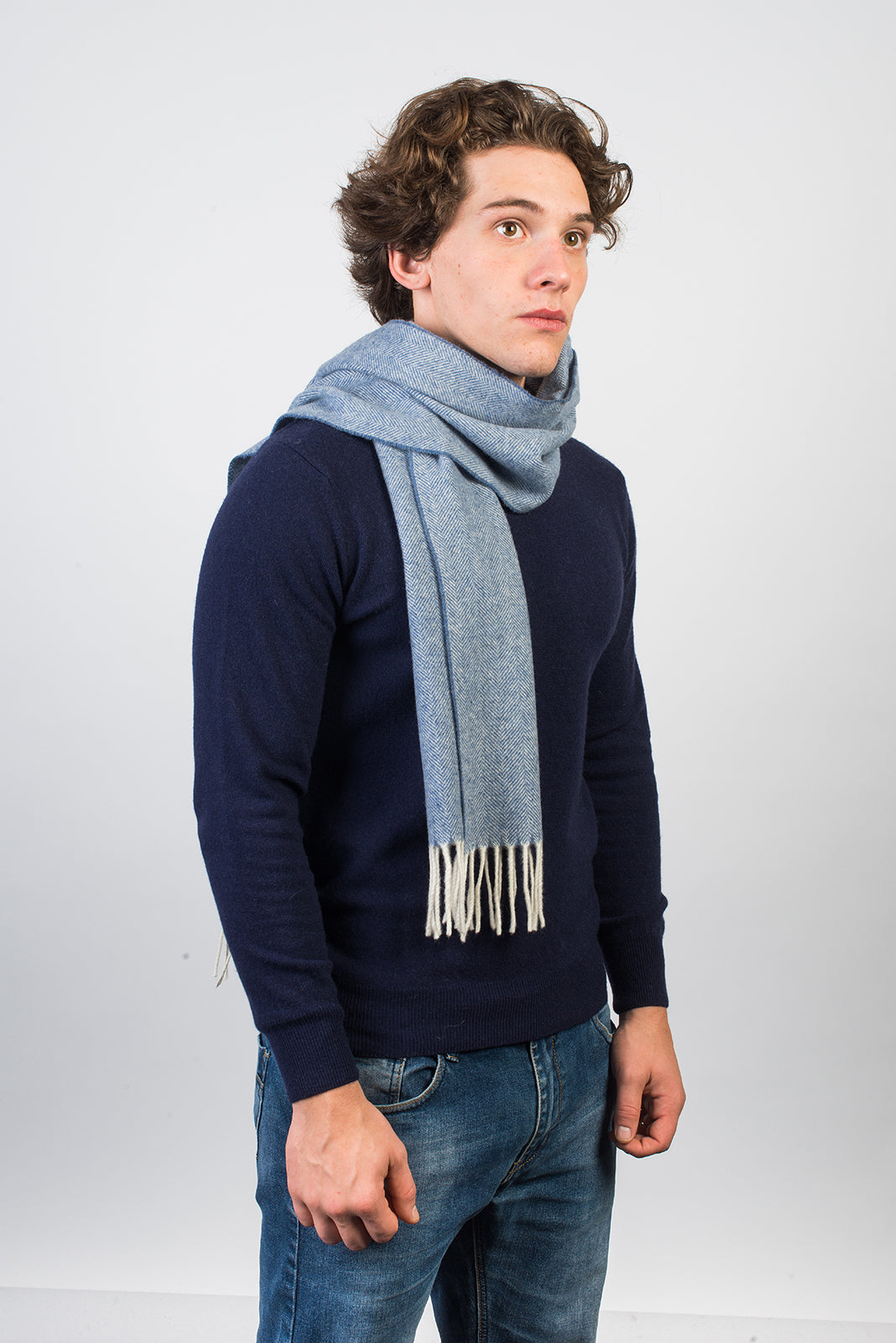 Sky Herringbone Wool and Cashmere Scarf, view 2