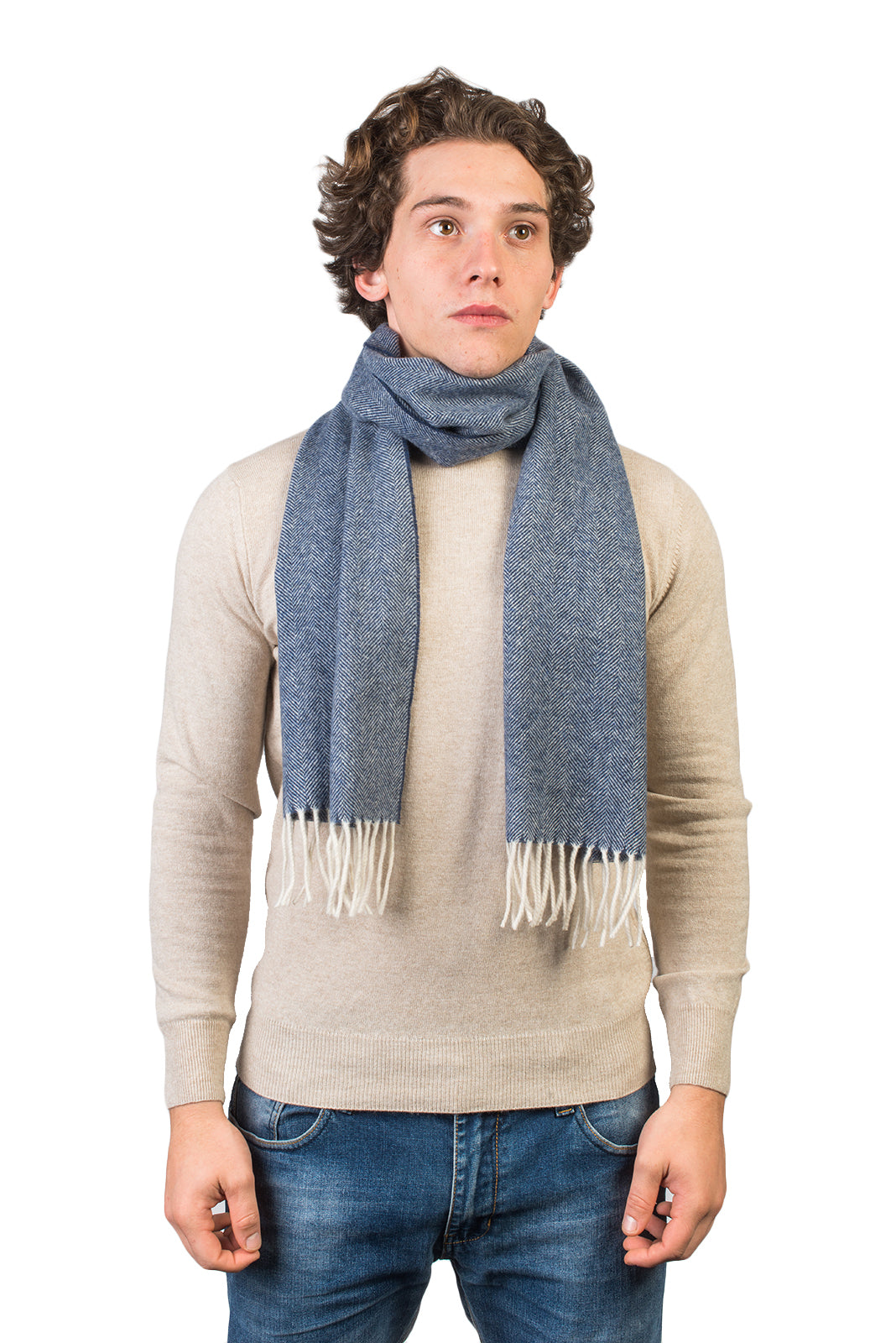 Blue Herringbone Wool and Cashmere Scarf
