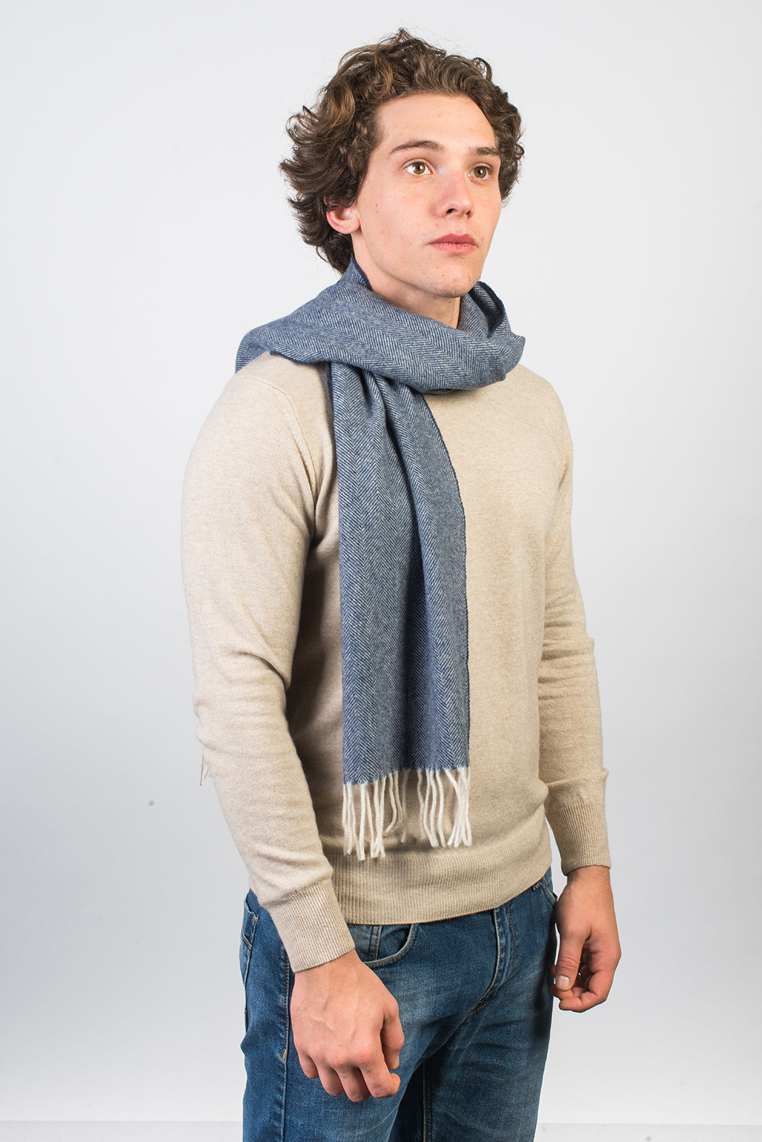 Blue Herringbone Wool and Cashmere Scarf, view 2