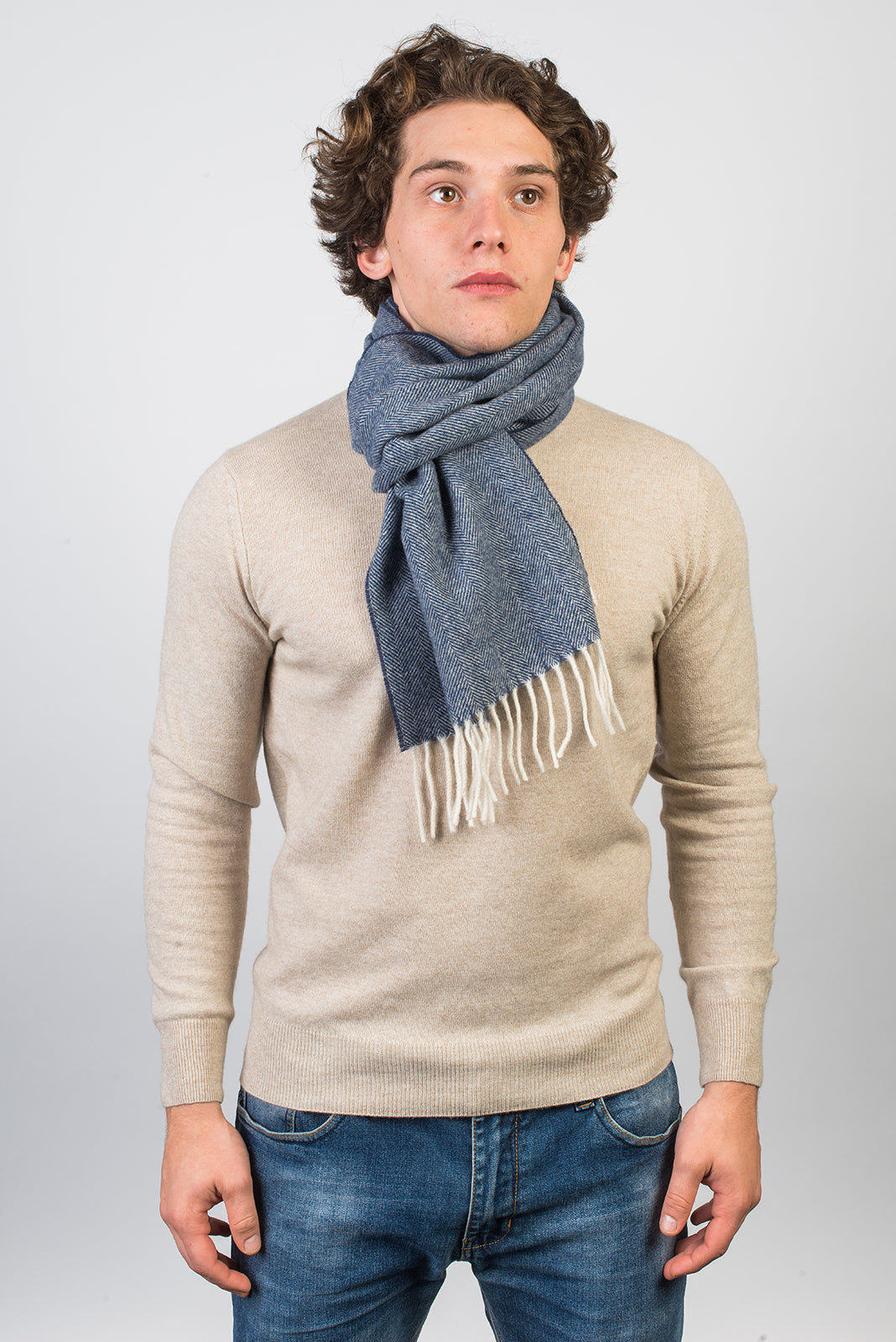 Blue Herringbone Wool and Cashmere Scarf, view 3