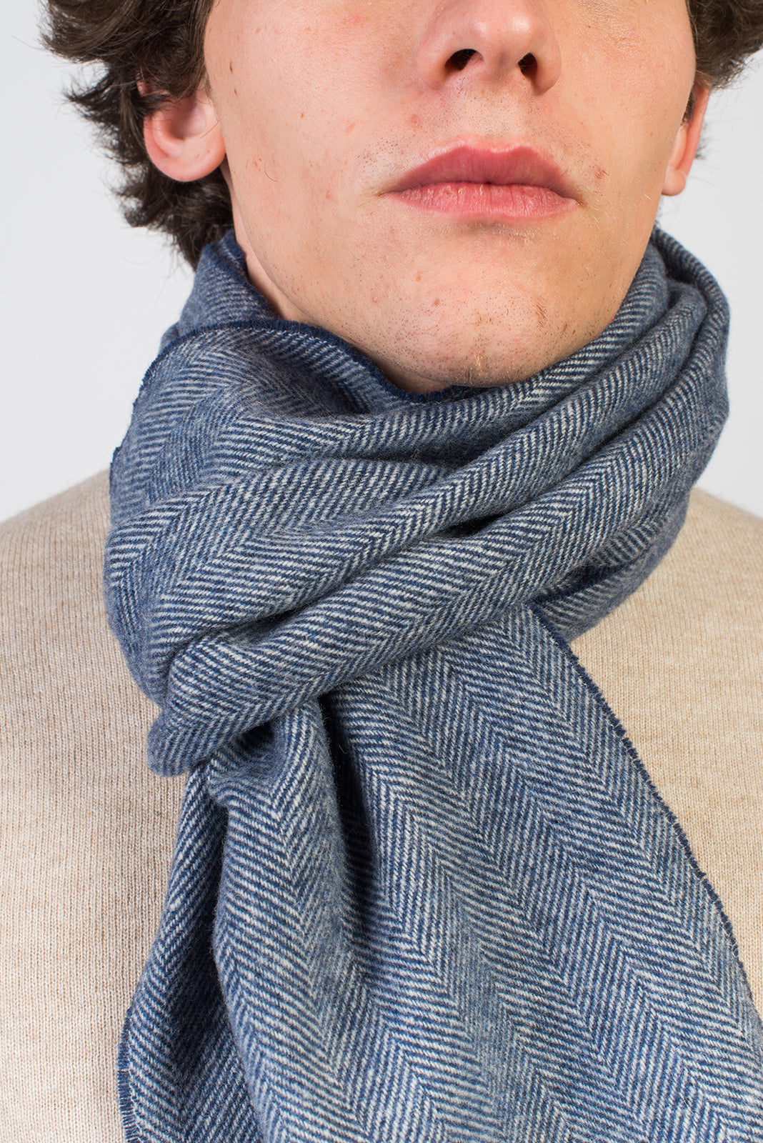 Blue Herringbone Wool and Cashmere Scarf, view 4