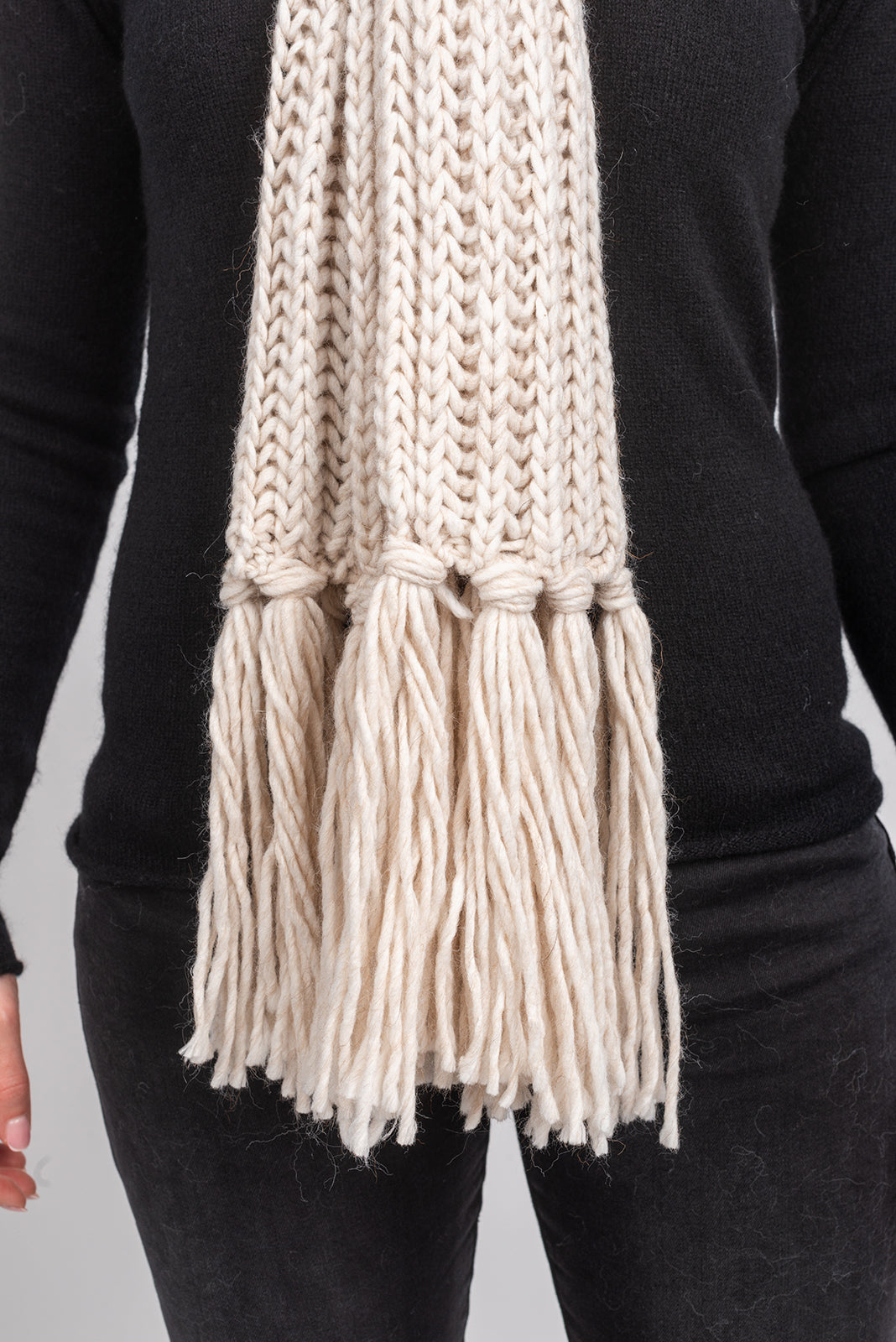 Beige Fisherman's Rib Scarf with Fringe, view 4