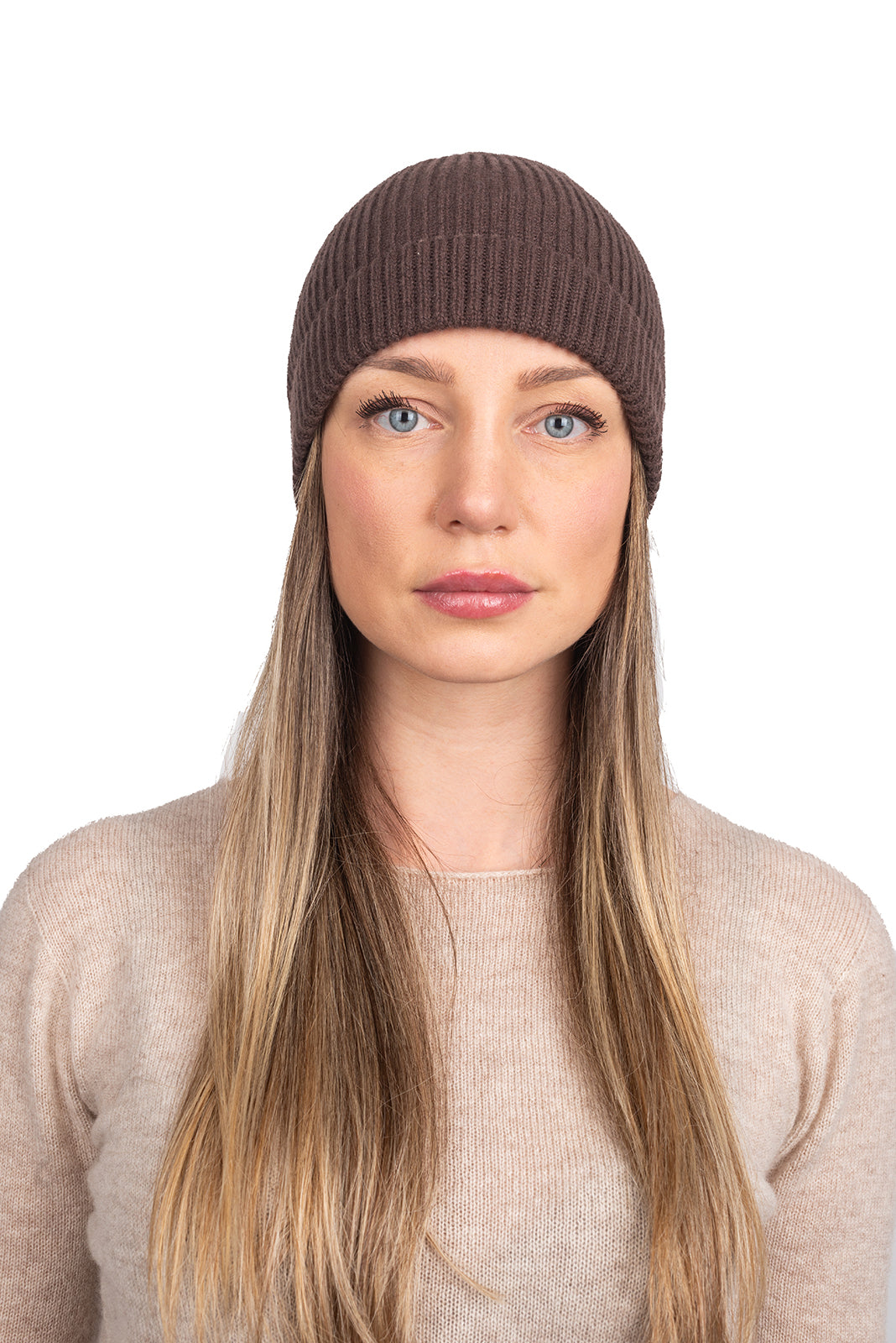 Brown Women's Fisherman's Rib 100% Cashmere Beanie