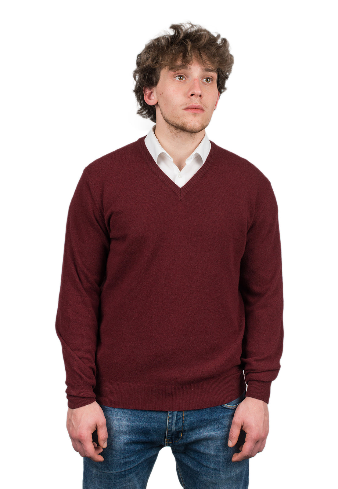 Burgundy Men's Cashmere Blend V-Neck