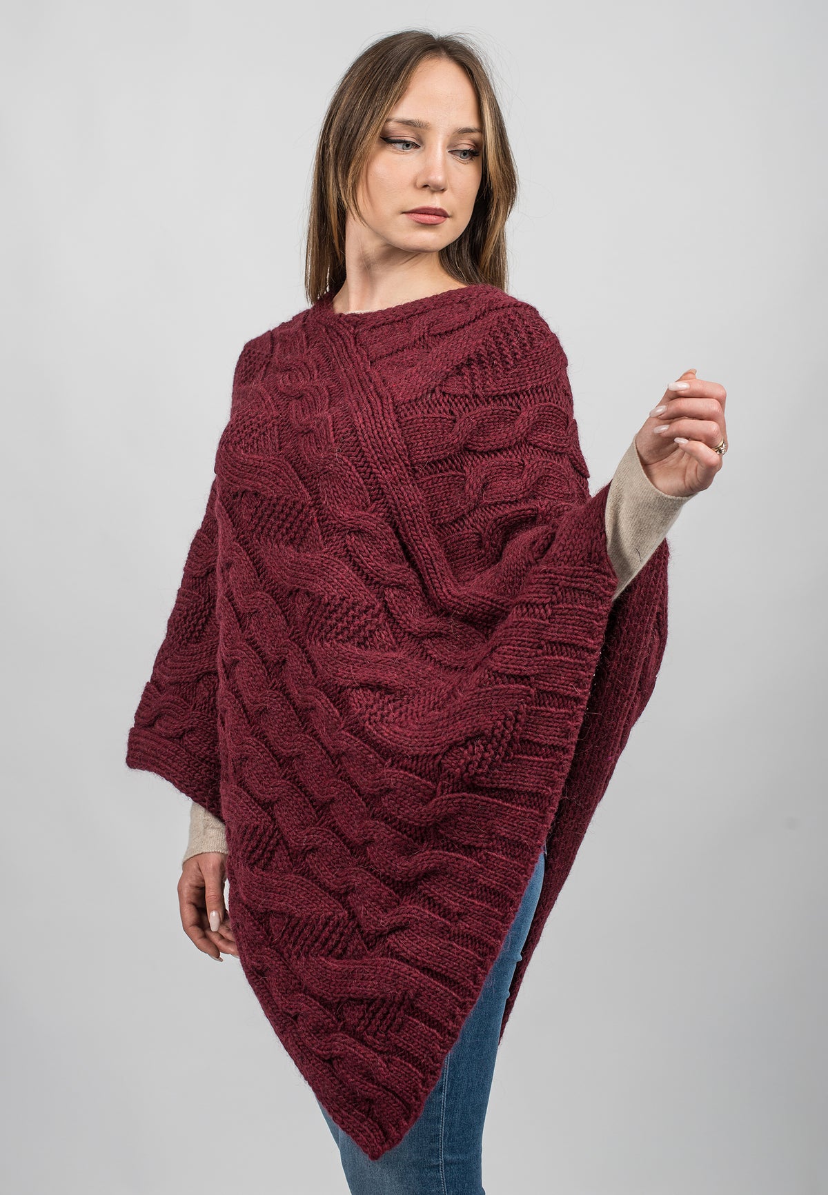 Burgundy Cable-Knit V-Neck Poncho, view 2