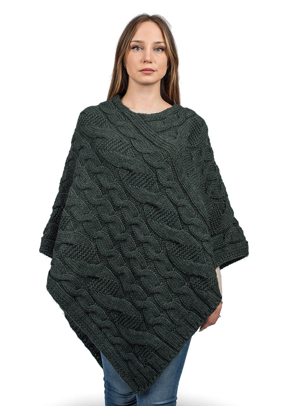 Green Cable-Knit V-Neck Poncho