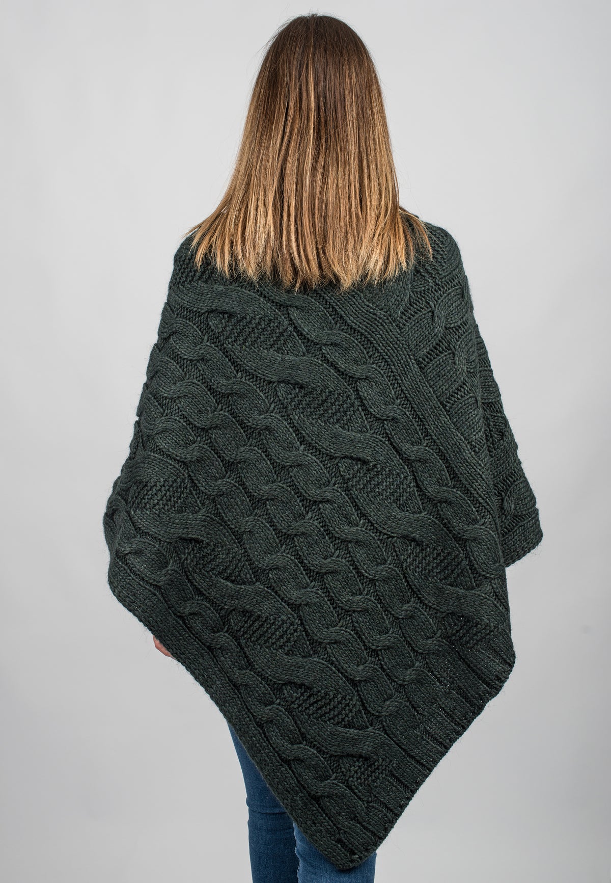Green Cable-Knit V-Neck Poncho, view 3