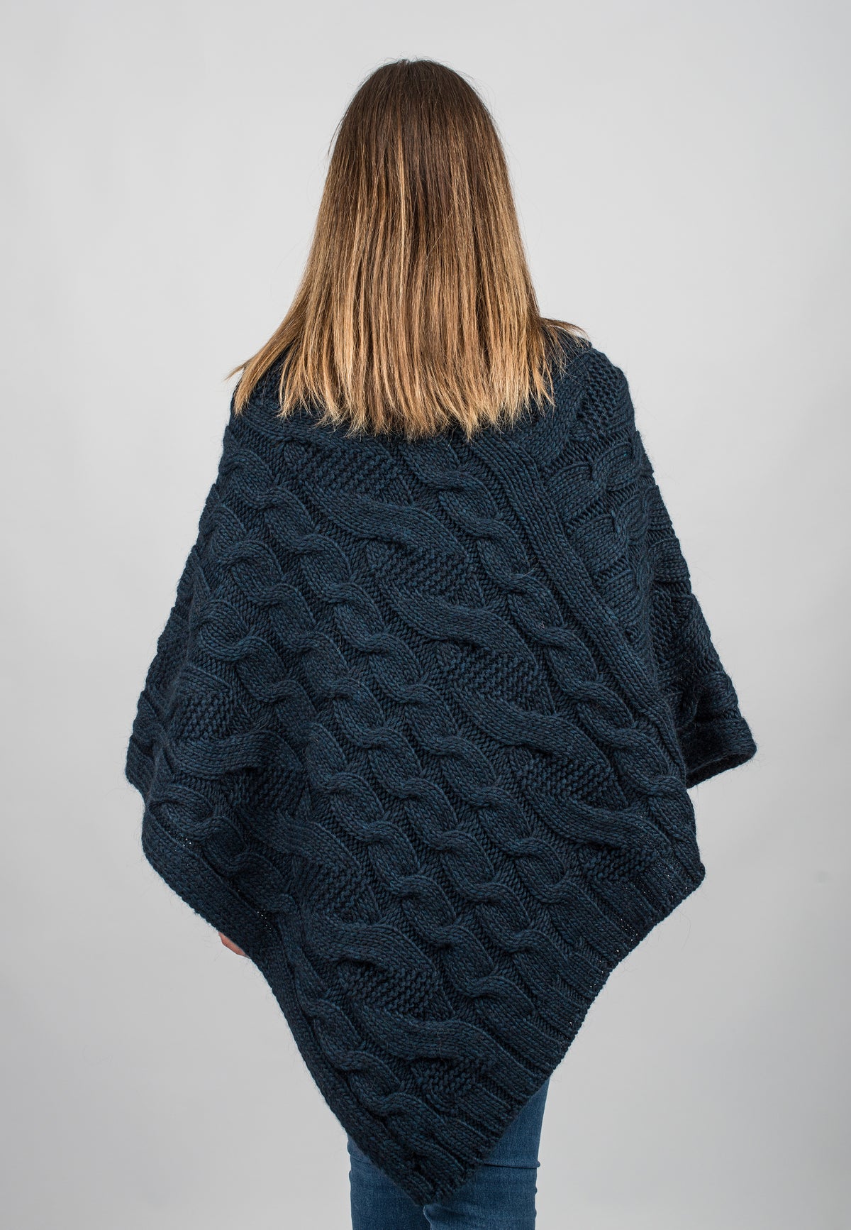 Blue Cable-Knit V-Neck Poncho, view 3
