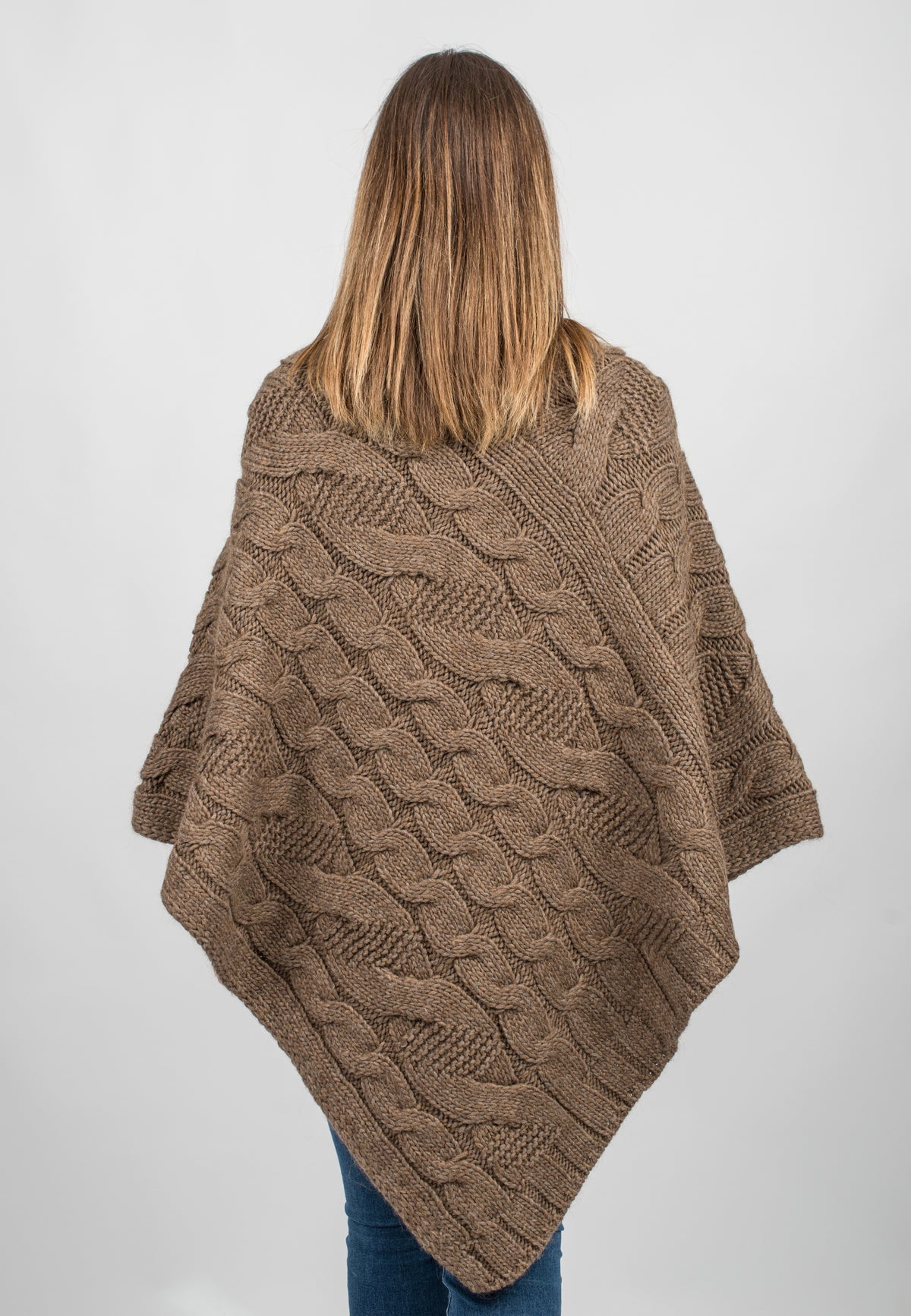 Mink Cable-Knit V-Neck Poncho, view 3